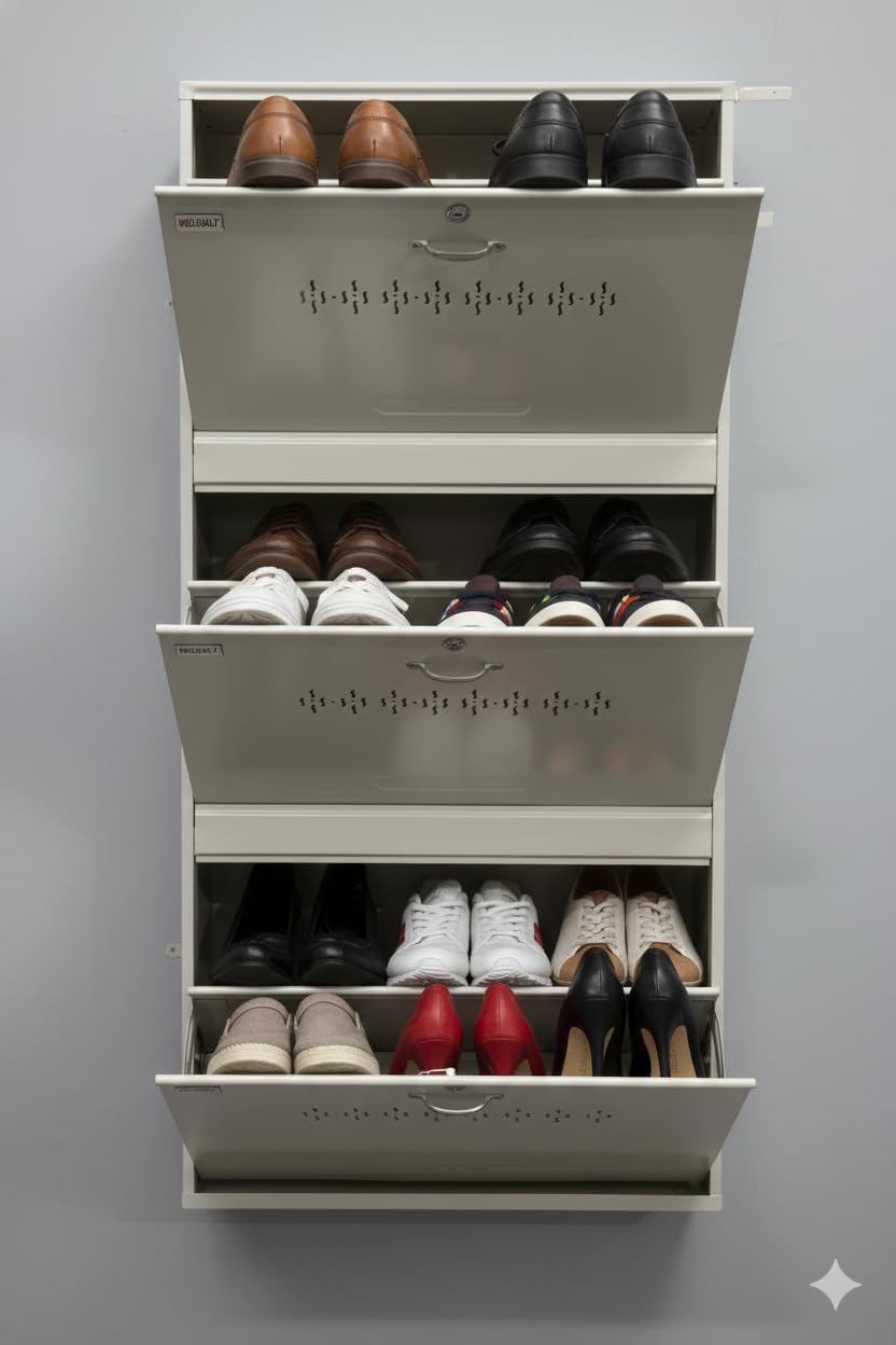 Double Decker Metal Shoe Rack for Home | Capacity-18 Pairs, 3 Door 6 Shelf | H-47, W-26, D-9.5" (inches)| Shoe Cabinet for Home with Lock | Wall Mount - DIY | 100% Powder Coated