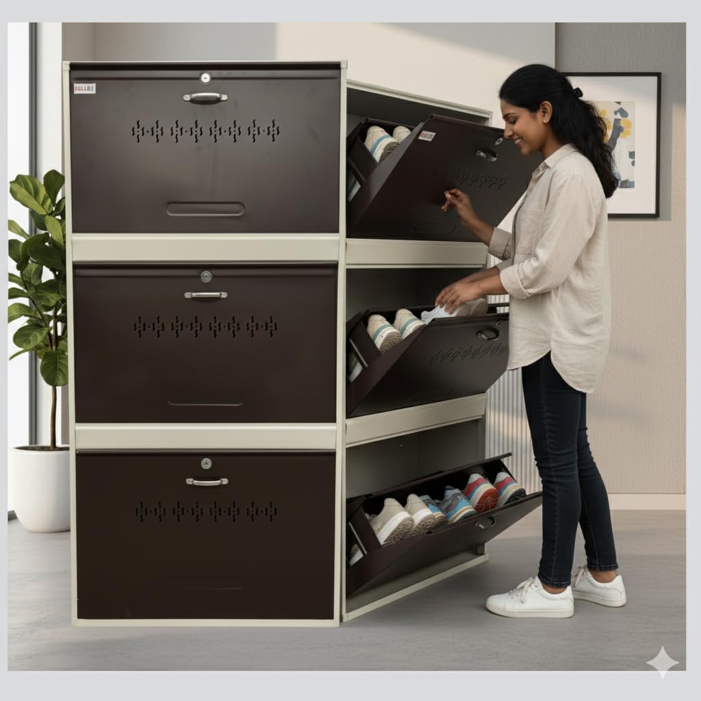Metal Shoe Rack 18 Pairs Capacity | H-52'' W-26'' D-9.5'' |Wall Mounted Powder Coated 3 Door 6 Shelves Double Decker (White & Brown)