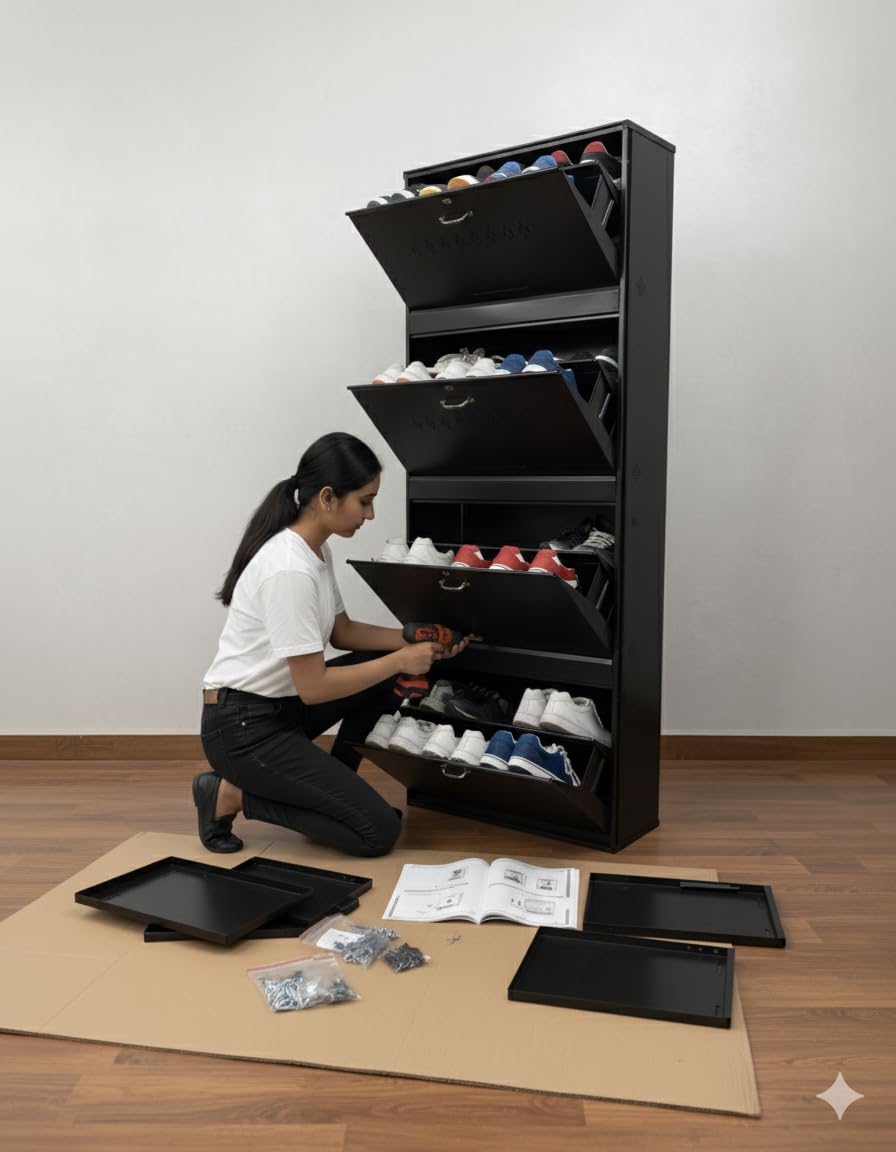 Metal Shoe Rack 30 Pairs Capacity | H-79'' W-26'' D-9.5'' |Wall Mounted Powder Coated 5 Door 10 Shelves Double Decker (Full Brown)