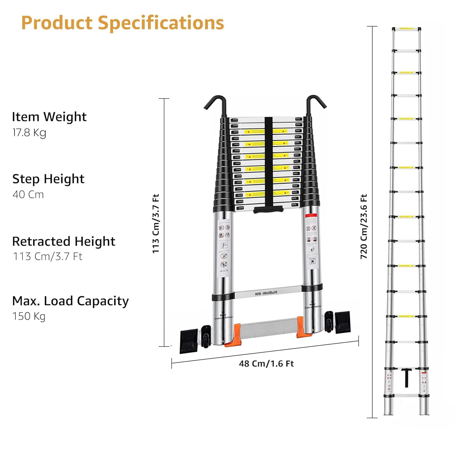 23.6 FT Aluminum Folding Telescopic Ladder with Stabilizers | EN131 Certified with 2 Year Warranty | 150kg Max Capacity | Ladder for Home or Outdoor Work (7.2m/16 Step)-Ladders-Welbuilt Products-Aman Overseas