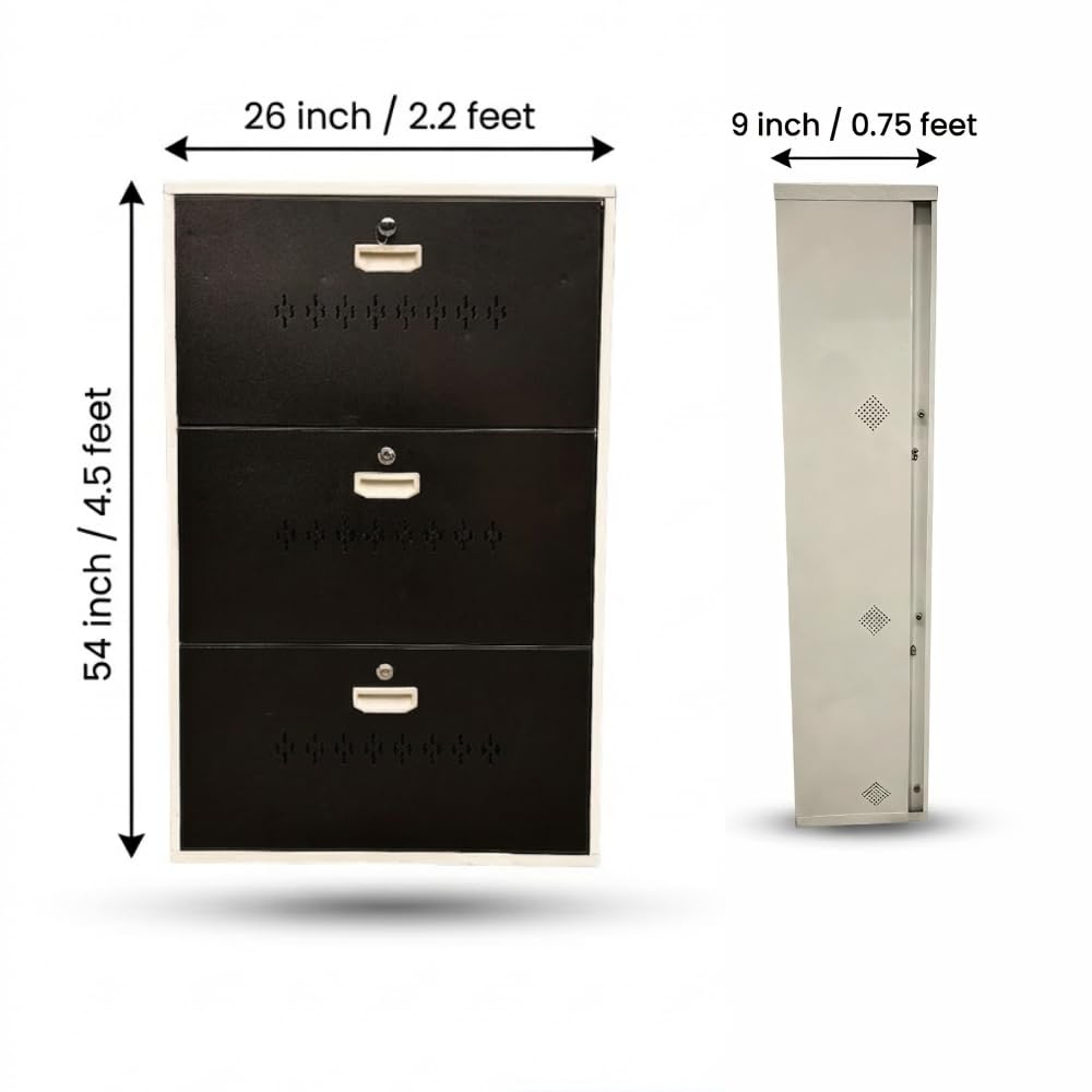 Metal Shoe Rack 18 Pairs Capacity | H-41'' W-26'' D-9.5'' |Wall Mounted Powder Coated 3 Door 6 Shelves Double Decker (White/Brown)