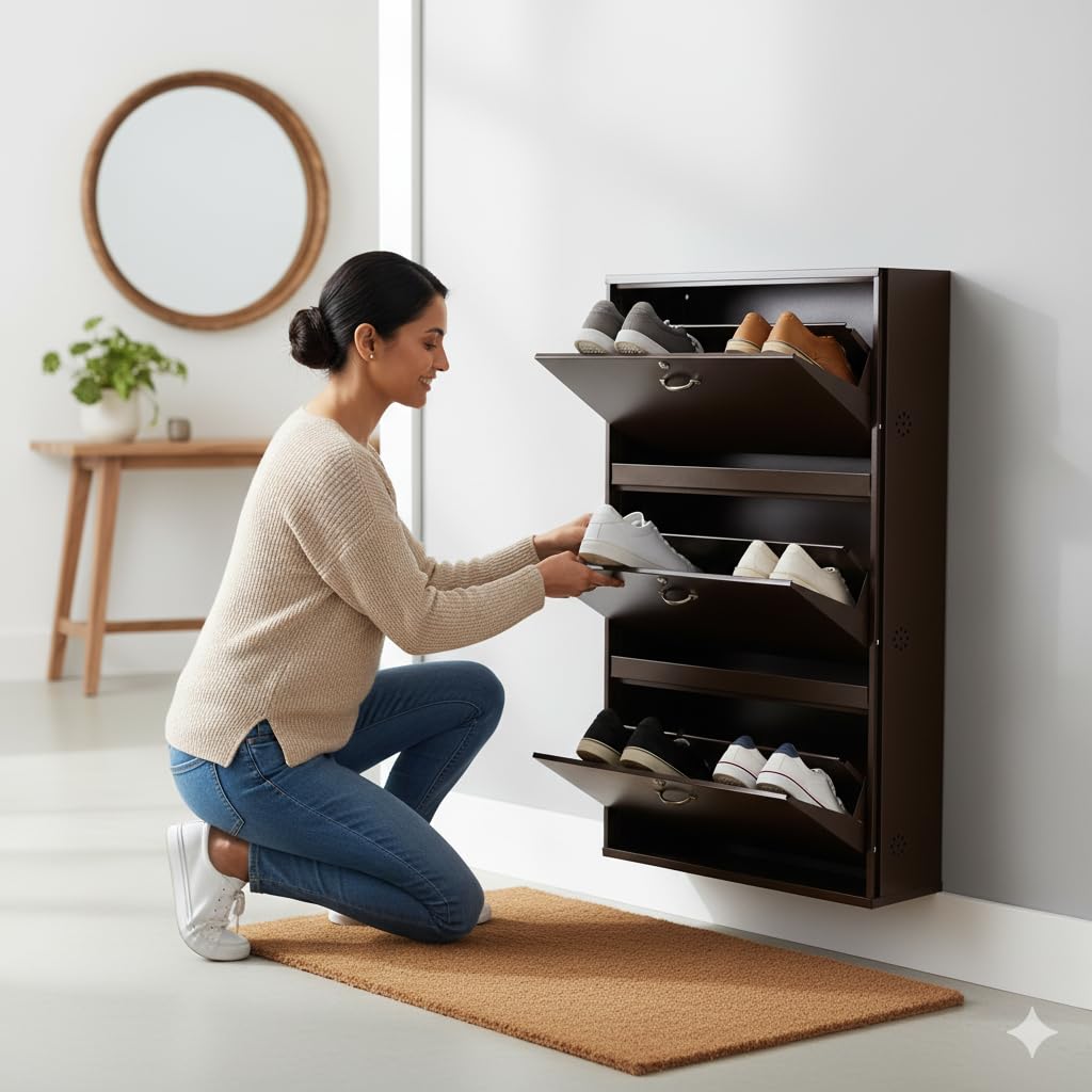 Metal Shoe Rack 18 Pairs Capacity | H-52'' W-26'' D-9.5'' |Wall Mounted Powder Coated 3 Door 6 Shelves Double Decker (Full Brown)
