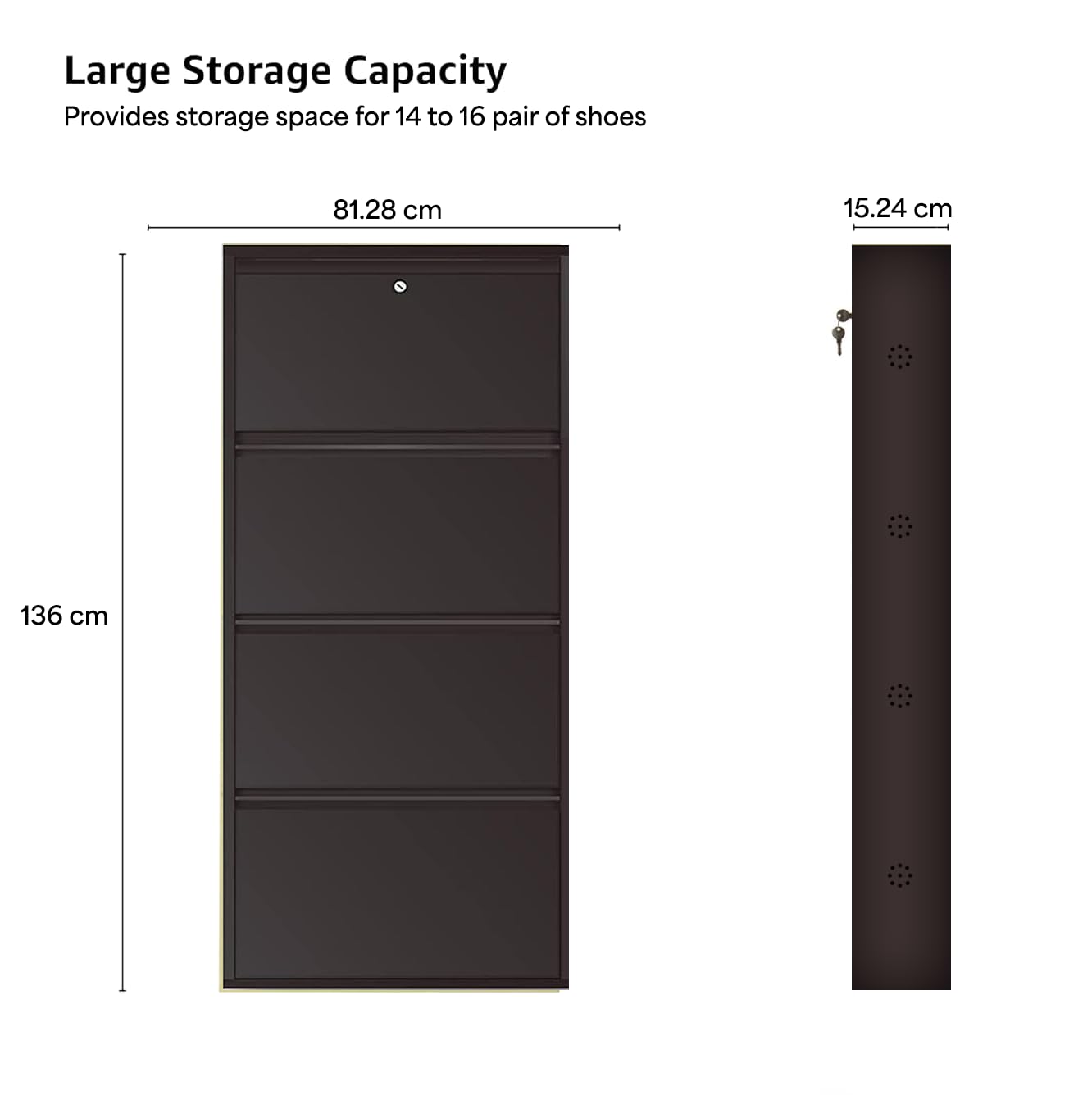 32" Wall Mounted Metal Shoe Rack 4 Door | 14-16 Pairs Footwear | Shoe Chappal Stand Organizer with Lock