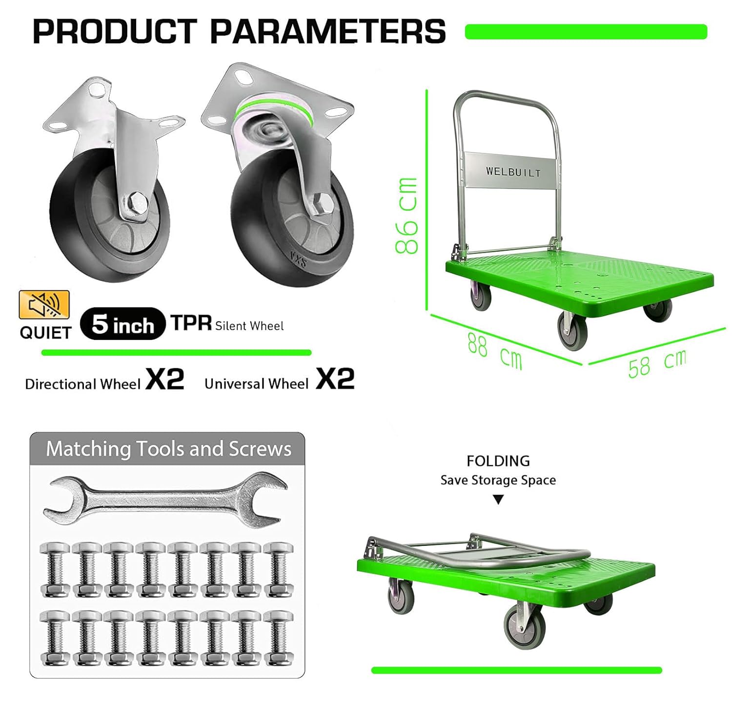 Welbuilt 300kg Capacity Plastic Foldable Platform Trolley for Heavy Weight/Material Handling Goods Trolley for Home, Office, Warehouse & Industries