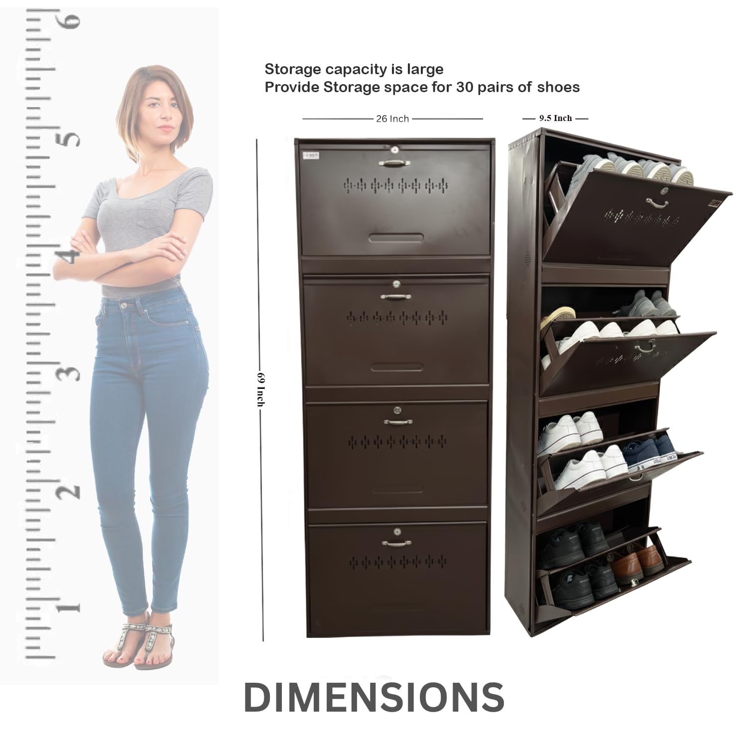 Metal Shoe Rack 24 Pairs Capacity | H-69'' W-26'' D-9.5'' |Wall Mounted Powder Coated 4 Door 8 Shelves Double Decker (Full Brown)