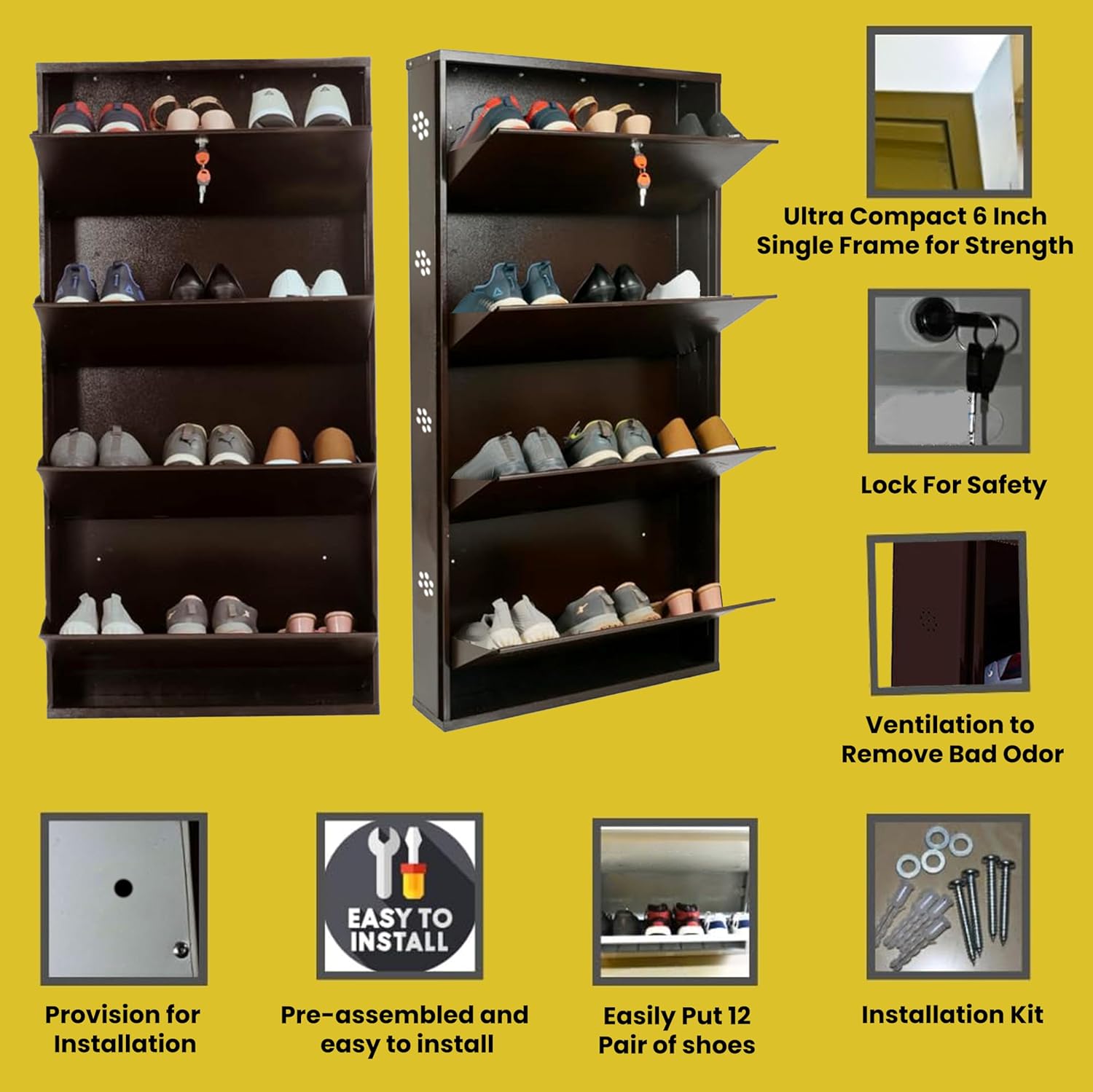 26" Wall Mounted Metal Shoe Rack 4 Door | 12 Pairs Footwear | Shoe Chappal Stand Organizer with Lock