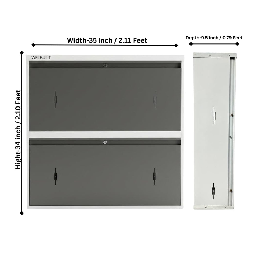 Double Decker Metal Shoe Rack | Capacity-16 Pairs, 2 Door 4 Shelf | H-34, W-35, D-9.5" (inches)| Shoe Cabinet for Home with Lock | Wall Mount - DIY | 100% Powder Coated | White & Grey