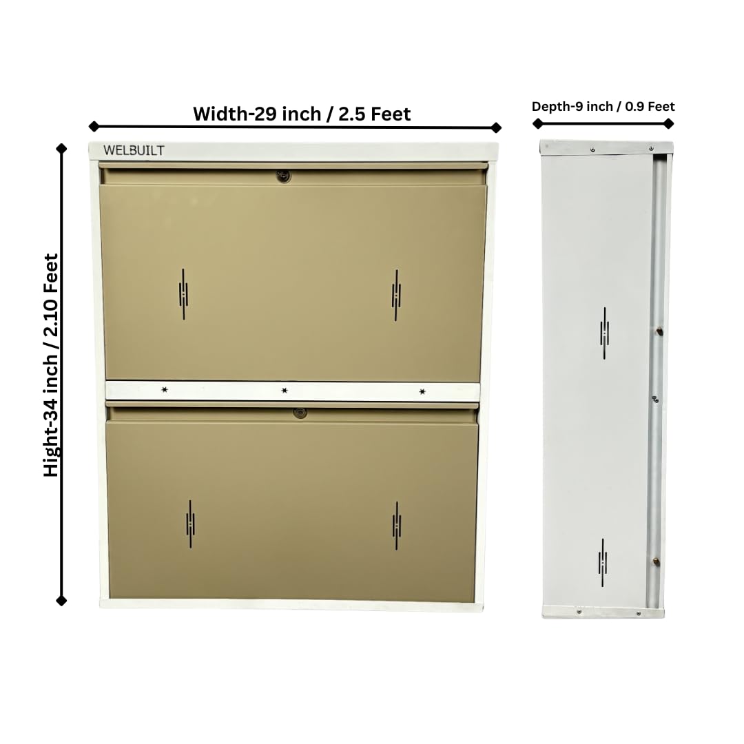 Double Decker Metal Shoe Rack for Home | Capacity-12 Pairs, 2 Door 4 Shelf | H-34, W-29, D-9" (inches)| Shoe Cabinet for Home with Lock | Wall Mount - DIY | 100% Powder Coated | White & Biscuits
