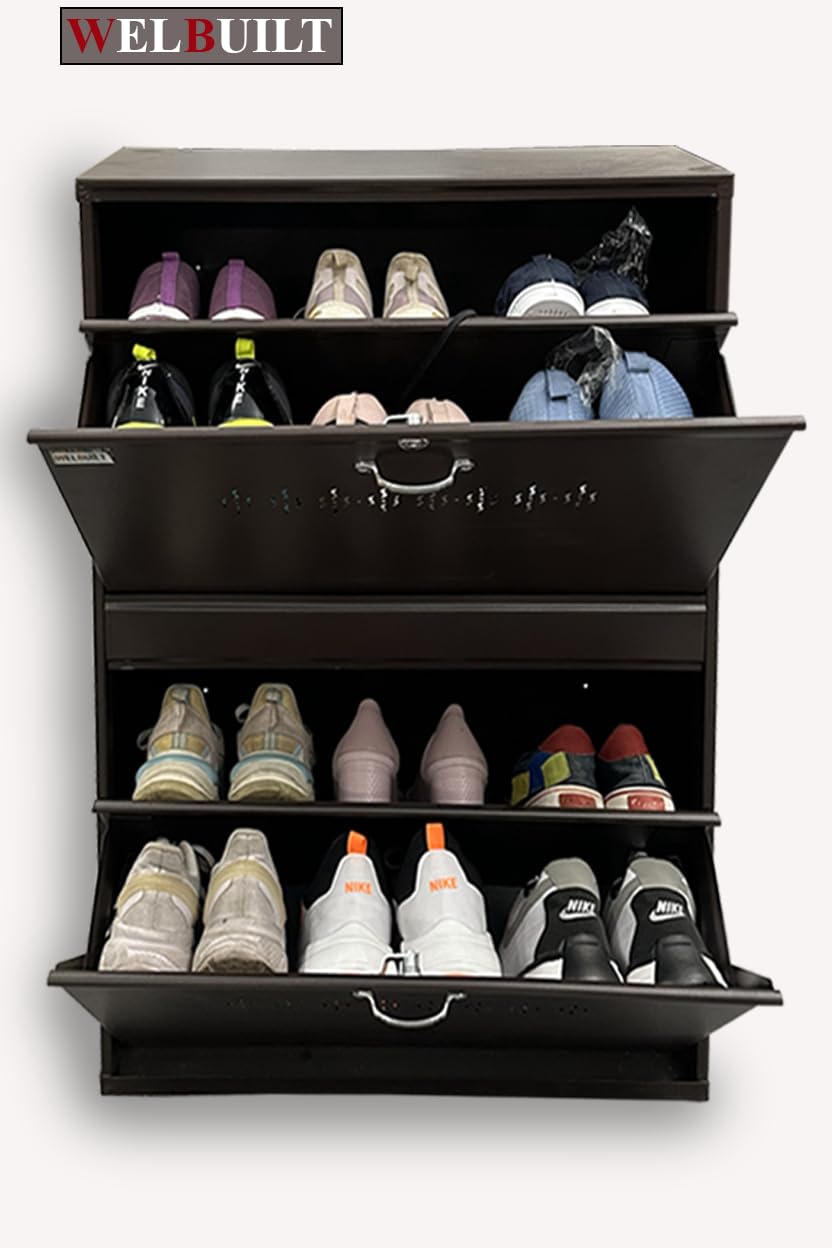 Metal Shoe Rack for Home | Capacity-12 Pairs, 2 Door 4 Shelf | H-34, W-26, D-9.5" (inches)| Shoe Cabinet for Home with Lock | Wall Mount - DIY | 100% Powder Coated | Brown