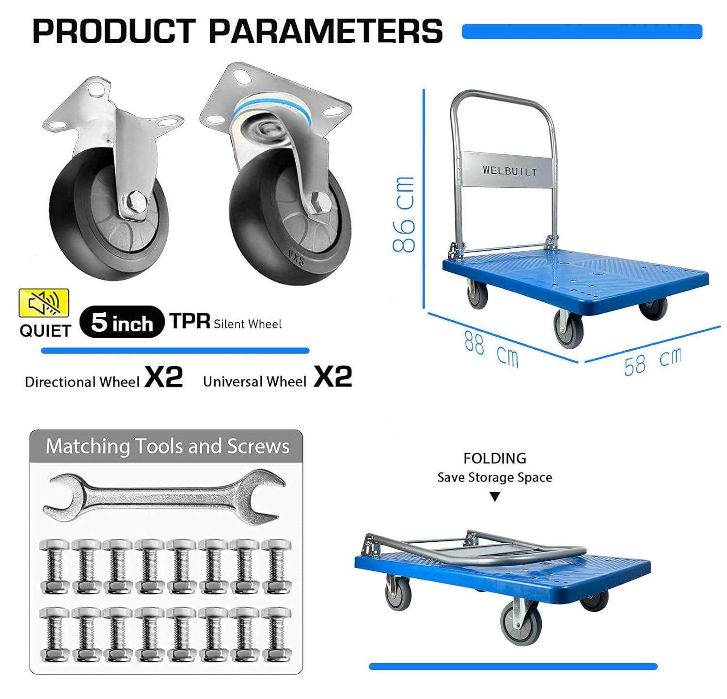 Welbuilt 300kg Capacity Plastic Foldable Platform Trolley for Heavy Weight/Material Handling Goods Trolley for Home, Office, Warehouse & Industries