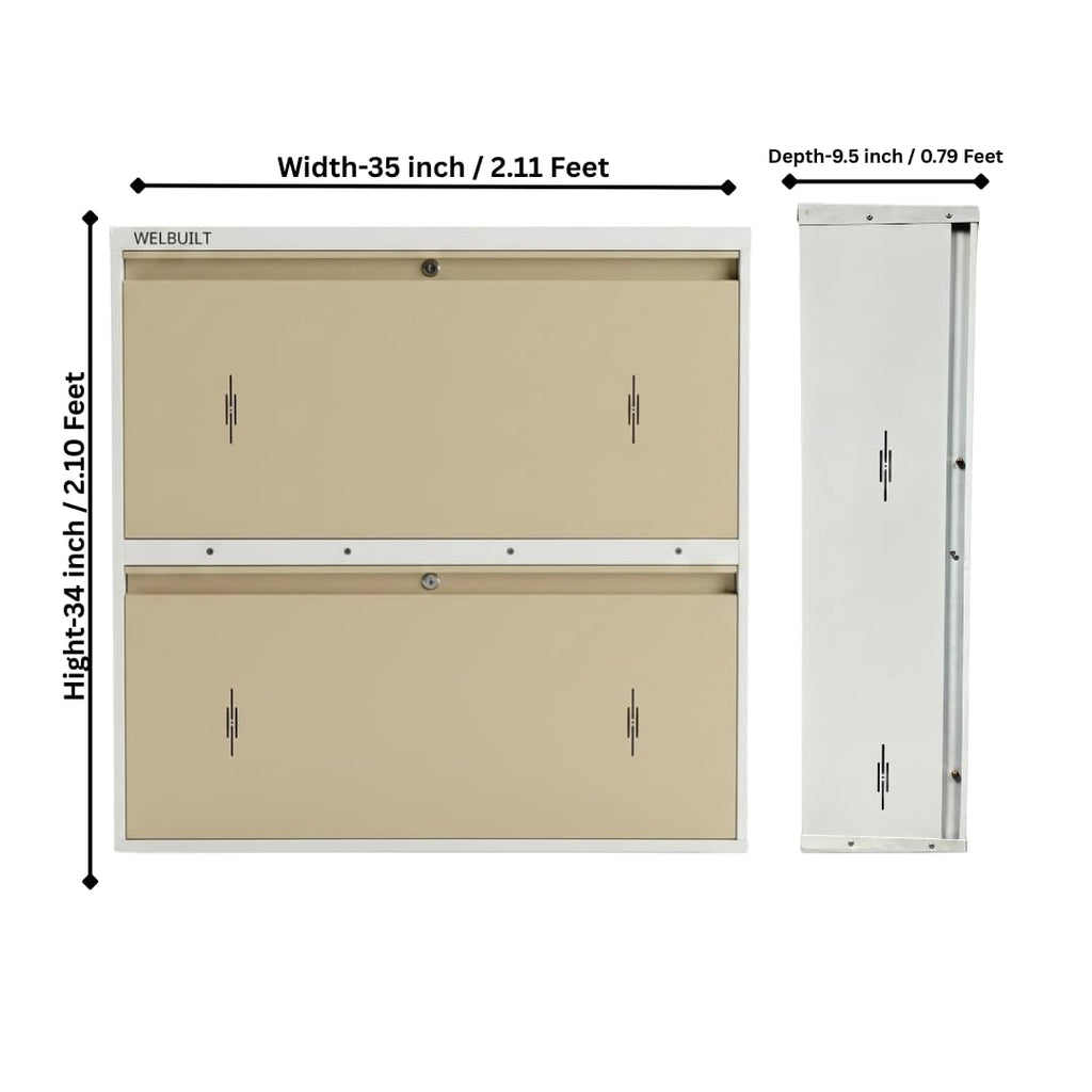 Double Decker Metal Shoe Rack | Capacity-16 Pairs, 2 Door 4 Shelf | H-34, W-35, D-9.5" (inches)| Shoe Cabinet for Home with Lock | Wall Mount - DIY | 100% Powder Coated | White & Biscuits