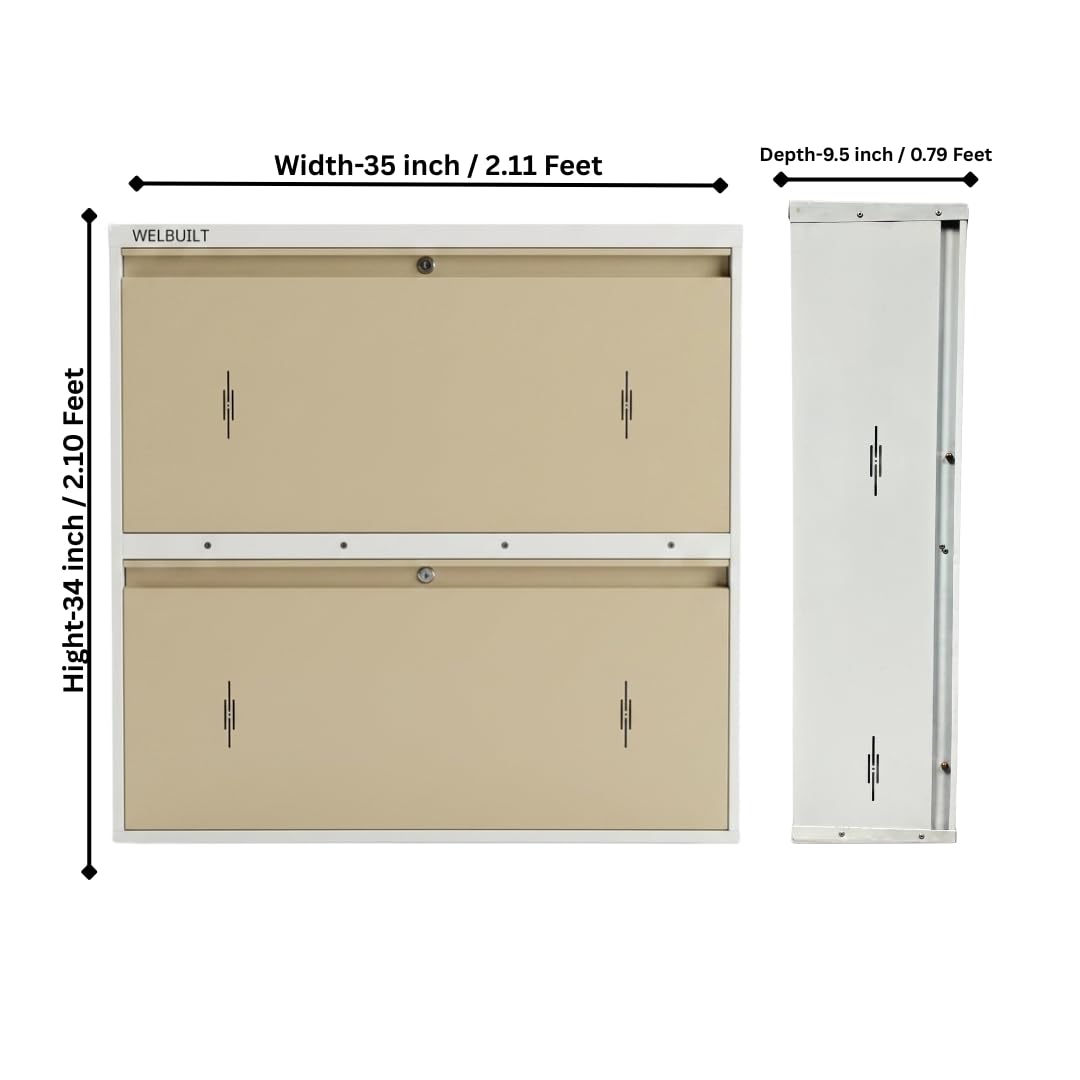 Double Decker Metal Shoe Rack | Capacity-16 Pairs, 2 Door 4 Shelf | H-34, W-35, D-9.5" (inches)| Shoe Cabinet for Home with Lock | Wall Mount - DIY | 100% Powder Coated | White & Biscuits