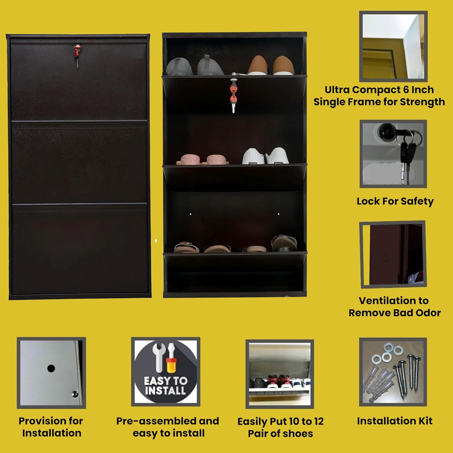 32" Wall Mounted Metal Shoe Rack 3 Door | 10-12 Pairs Footwear | Shoe Chappal Stand Organizer with Lock