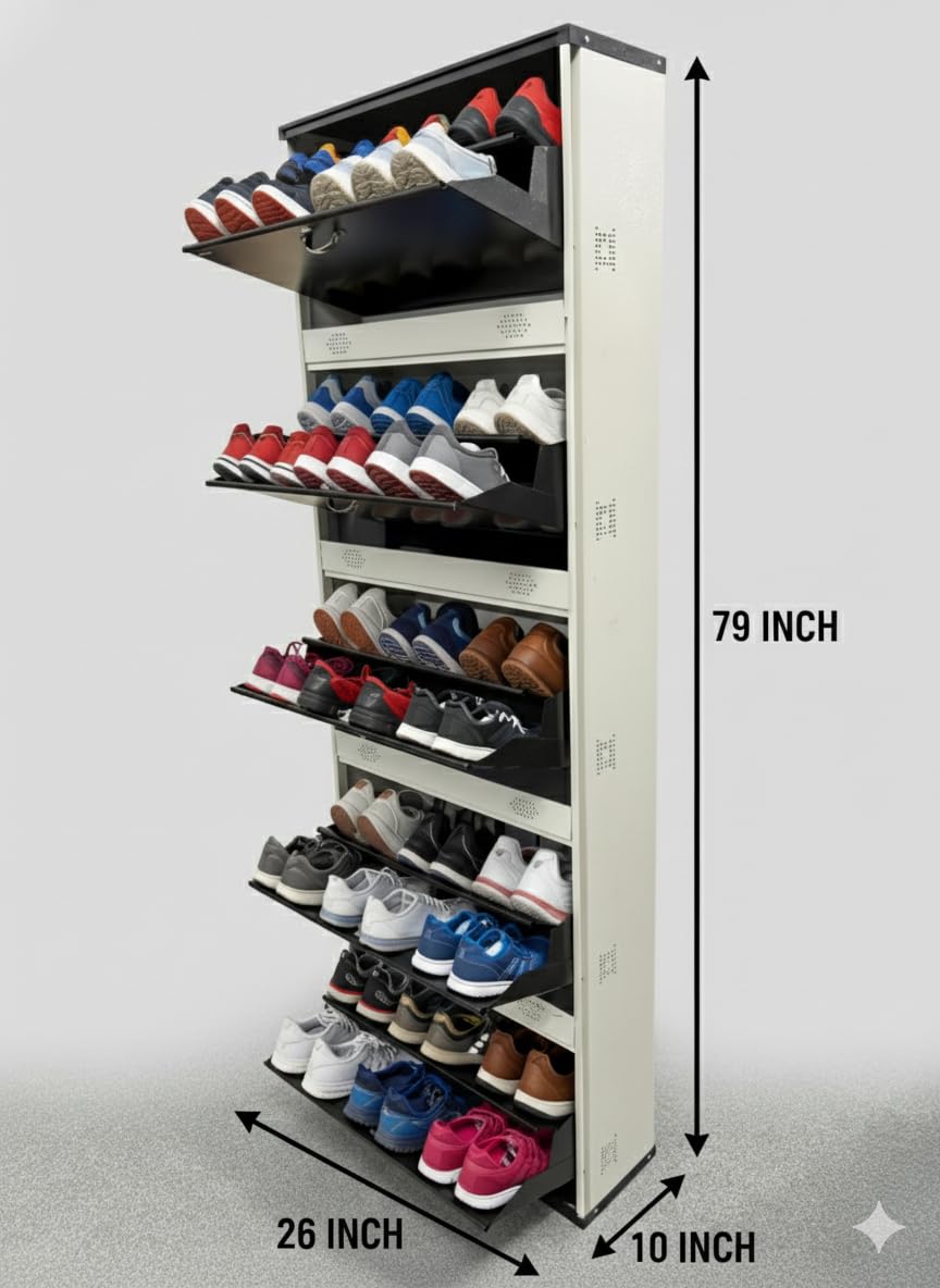 Metal Shoe Rack 30 Pairs Capacity | H-79'' W-26'' D-9.5'' |Wall Mounted Powder Coated 5 Door 10 Shelves Double Decker (White & Brown)