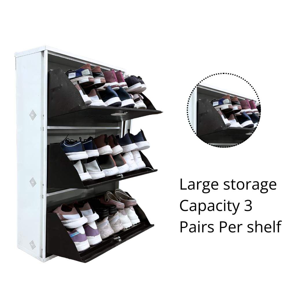 Metal Shoe Rack 18 Pairs Capacity | H-41'' W-26'' D-9.5'' |Wall Mounted Powder Coated 3 Door 6 Shelves Double Decker (White/Brown)