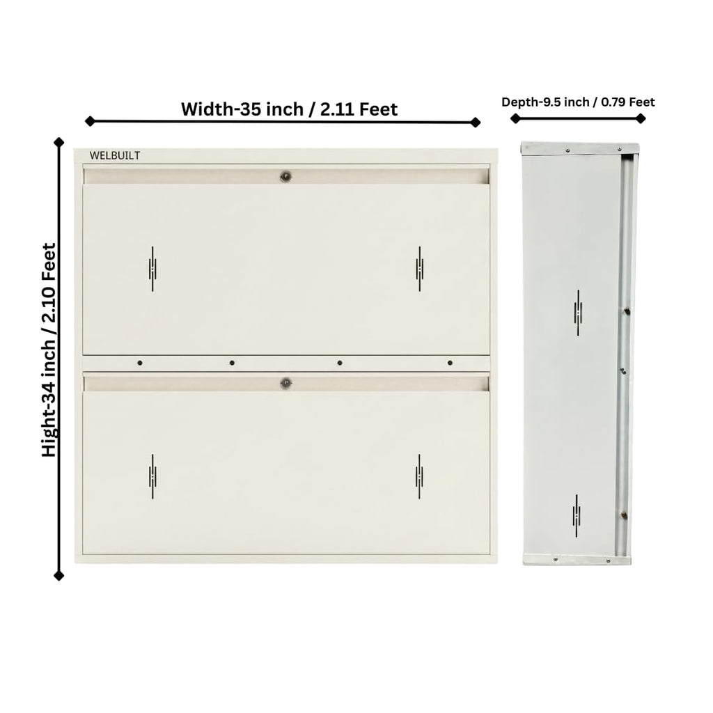 WELBUILT Double Decker Metal Shoe Rack | Capacity-16 Pairs, 2 Door 4 Shelf | H-34, W-35, D-9.5" (inches)| Shoe Cabinet for Home with Lock | Wall Mount - DIY | 100% Powder Coated | Full White