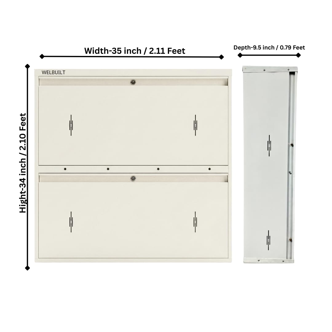 WELBUILT Double Decker Metal Shoe Rack | Capacity-16 Pairs, 2 Door 4 Shelf | H-34, W-35, D-9.5" (inches)| Shoe Cabinet for Home with Lock | Wall Mount - DIY | 100% Powder Coated | Full White