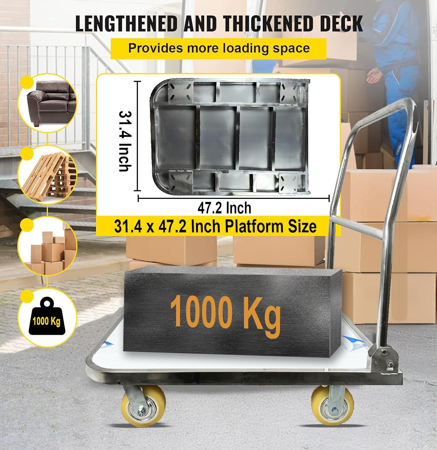 Welbuilt 1000 Kg Capacity SS304 Stainless Steel Foldable Platform Trolley for Lifting Heavy Weight with 360° Degree Swivel Wheels