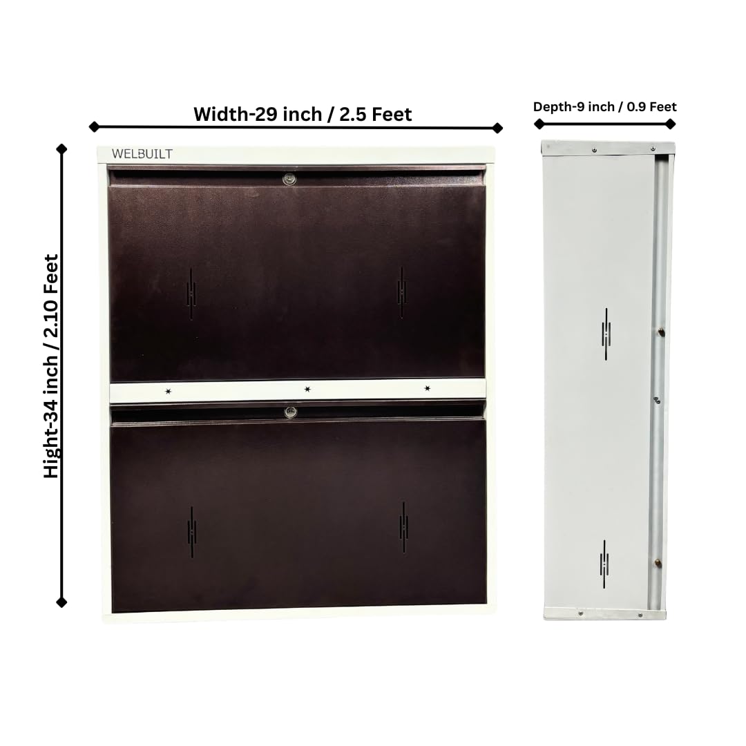 Double Decker Metal Shoe Rack for Home | Capacity-12 Pairs, 2 Door 4 Shelf | H-34, W-29, D-9" (inches)| Shoe Cabinet for Home with Lock | Wall Mount - DIY | 100% Powder Coated | White & Brown