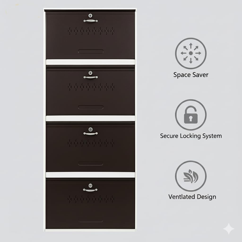 26" Wall Mounted Double Decker Metal Shoe Rack 4 Door | 24 Pairs Footwear | Shoe Chappal Stand Organizer with Lock