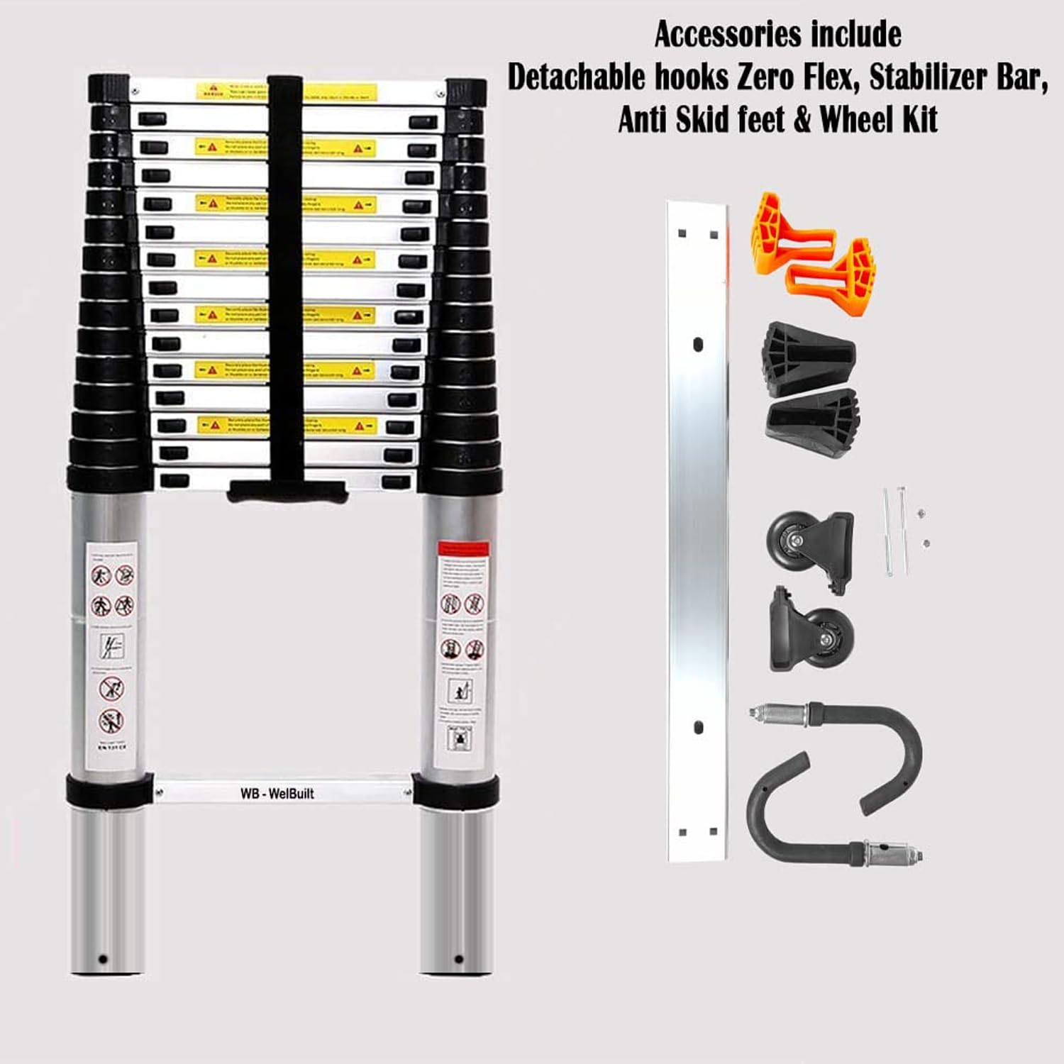 23.6 FT Aluminum Folding Telescopic Ladder with Stabilizers | EN131 Certified with 2 Year Warranty | 150kg Max Capacity | Ladder for Home or Outdoor Work (7.2m/16 Step)-Ladders-Welbuilt Products-Aman Overseas
