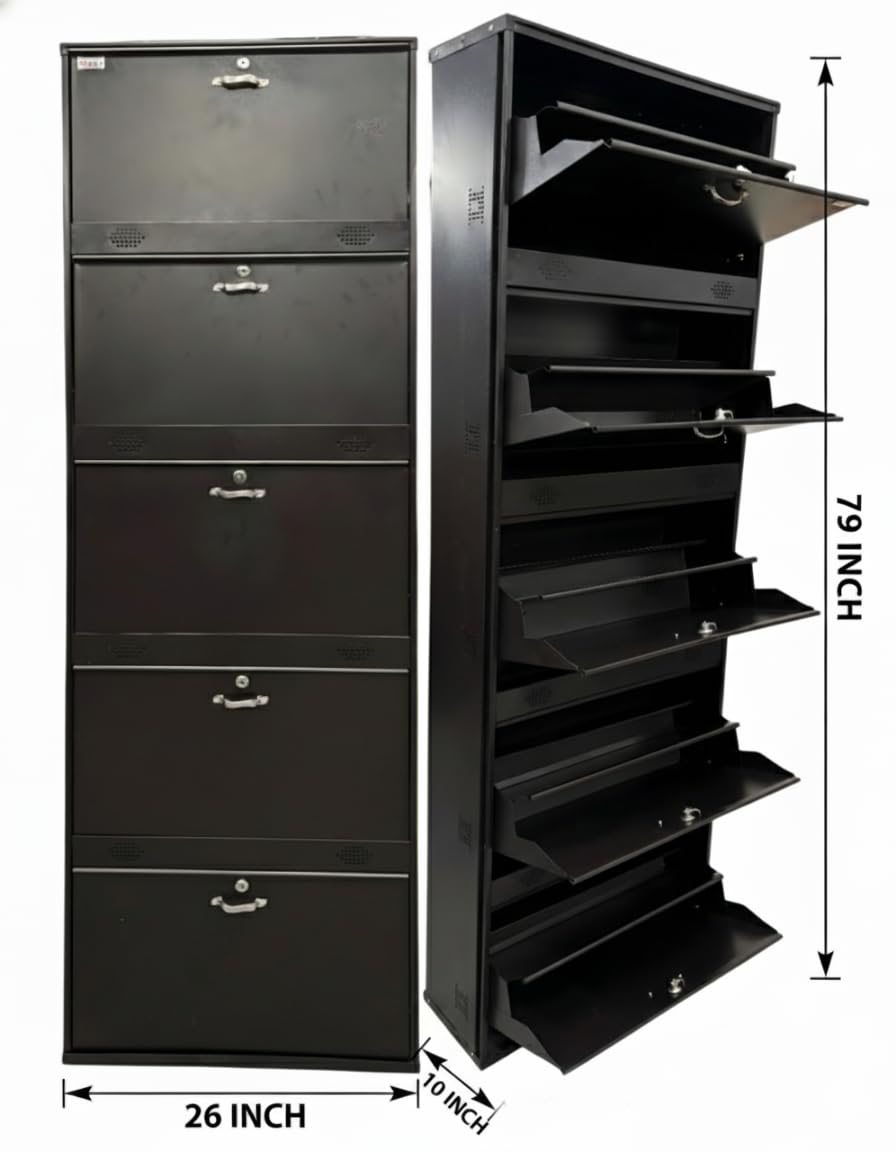 Metal Shoe Rack 30 Pairs Capacity | H-79'' W-26'' D-9.5'' |Wall Mounted Powder Coated 5 Door 10 Shelves Double Decker (Full Brown)