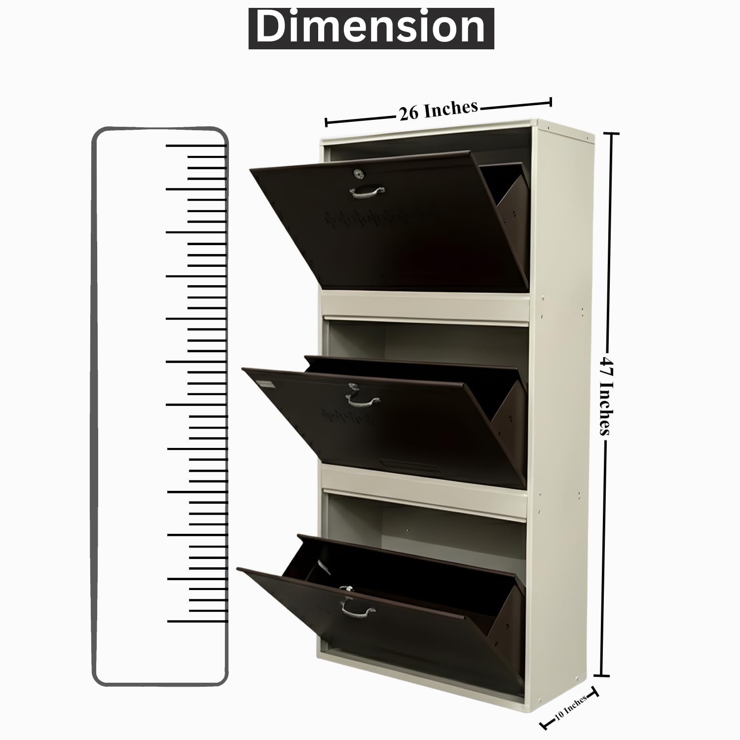 Metal Shoe Rack 18 Pairs Capacity | H-52'' W-26'' D-9.5'' |Wall Mounted Powder Coated 3 Door 6 Shelves Double Decker (White & Brown)