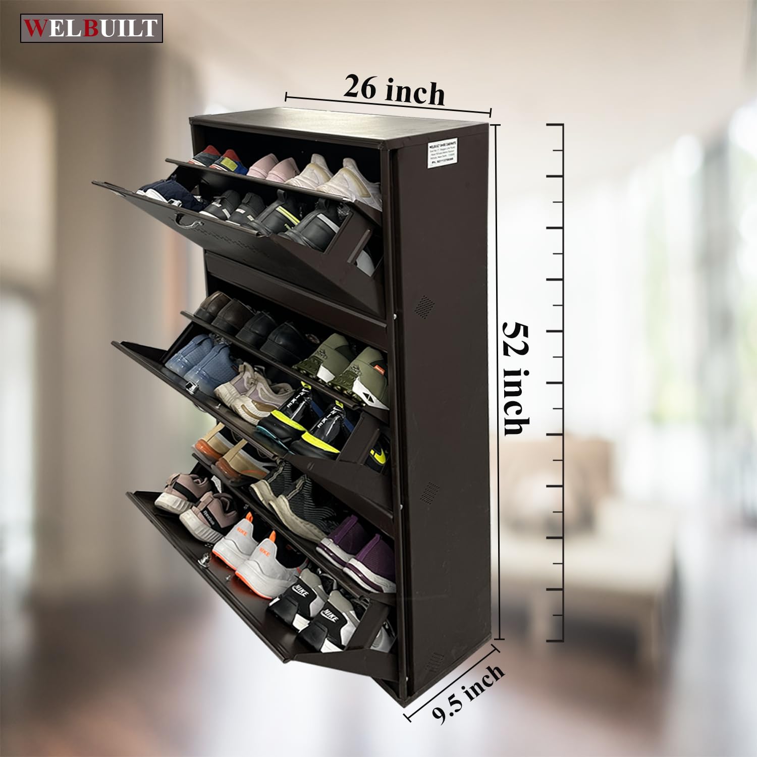 Metal Shoe Rack 18 Pairs Capacity | H-52'' W-26'' D-9.5'' |Wall Mounted Powder Coated 3 Door 6 Shelves Double Decker (Full Brown)