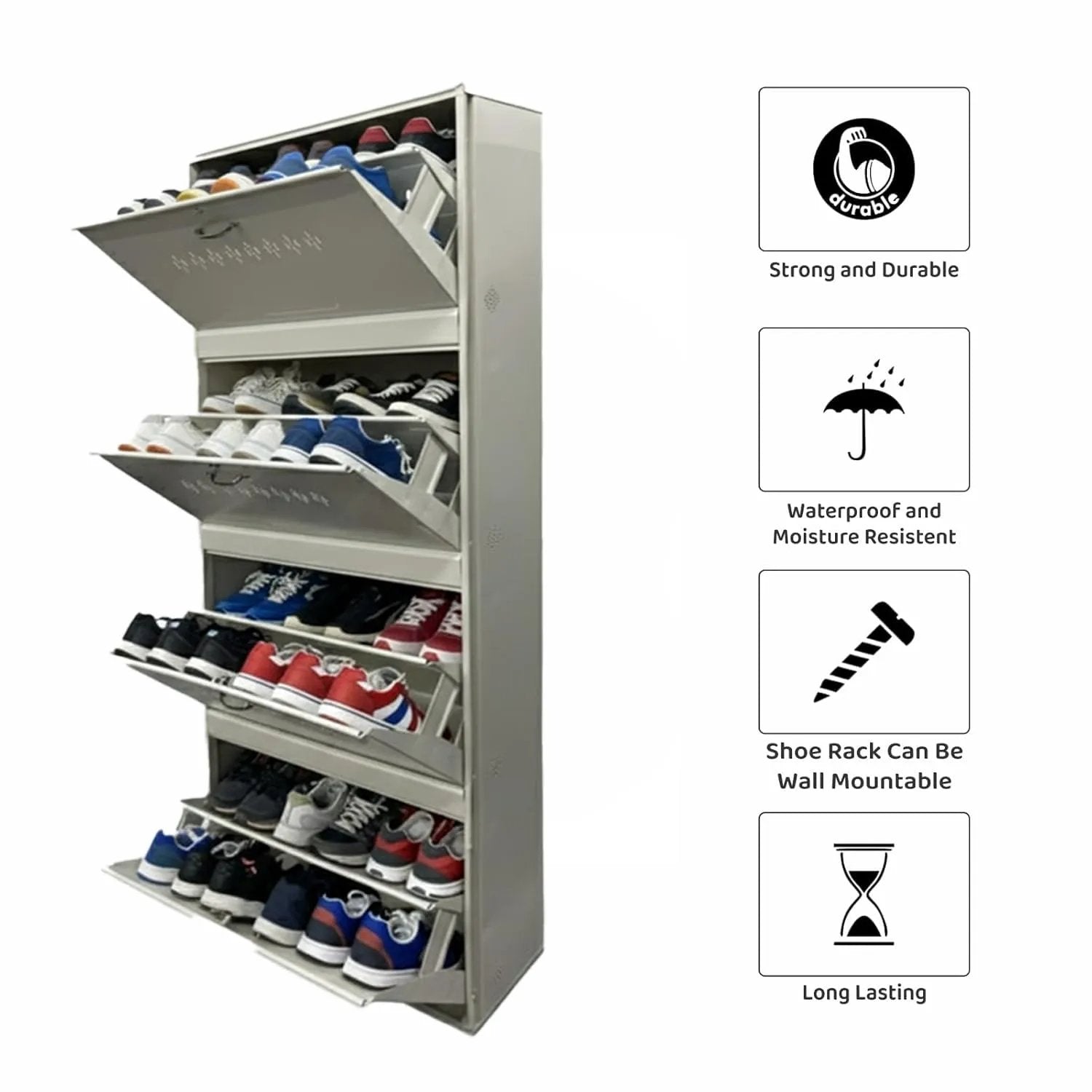 Double Decker Metal Shoe Rack for Home | Capacity-24 Pairs, 4 Door 8 Shelf | H-69, W-26, D-9.5" (inches)| Shoe Cabinet for Home with Lock | Wall Mount - DIY | 100% Powder Coated | White