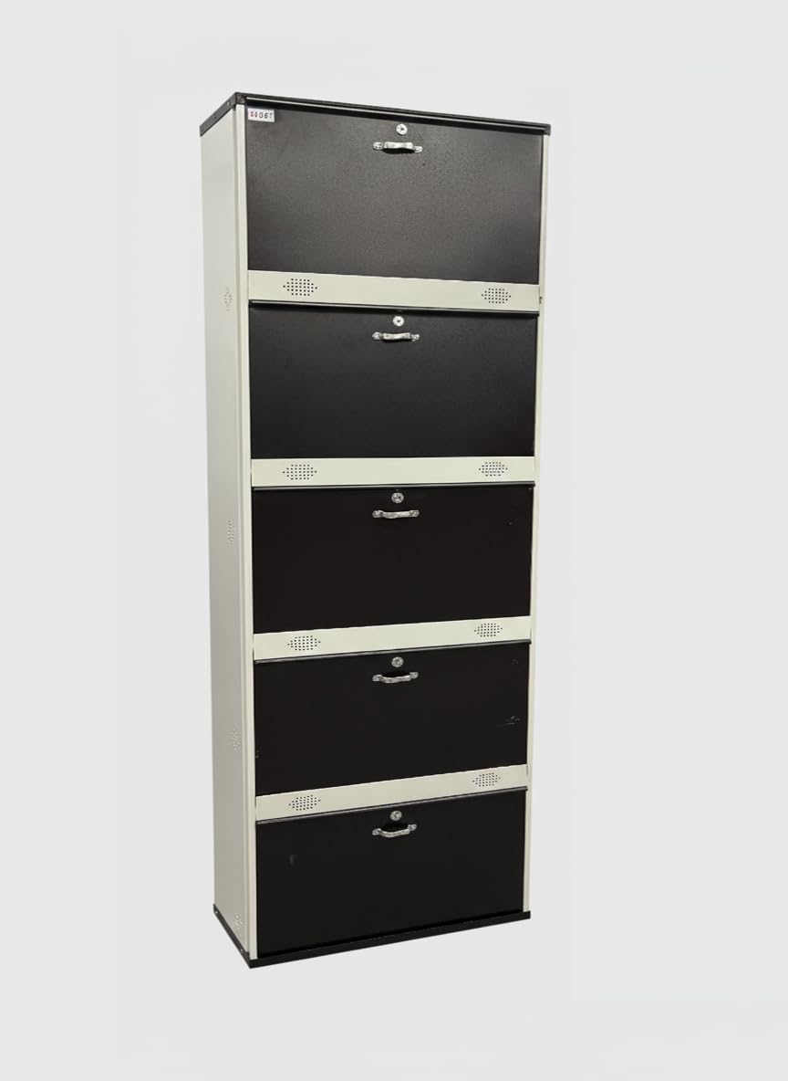Metal Shoe Rack 30 Pairs Capacity | H-79'' W-26'' D-9.5'' |Wall Mounted Powder Coated 5 Door 10 Shelves Double Decker (White & Brown)