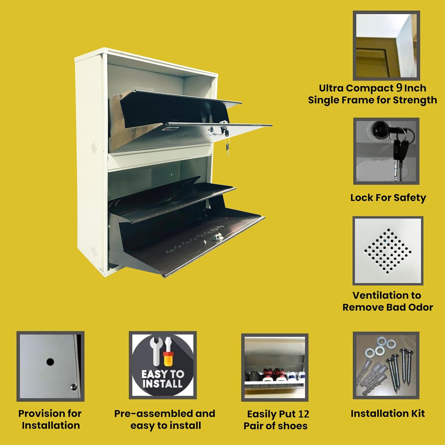 26" Wall Mounted Double Decker Metal Shoe Rack 2 Door | 12 Pairs Footwear | Shoe Chappal Stand Organizer with Lock