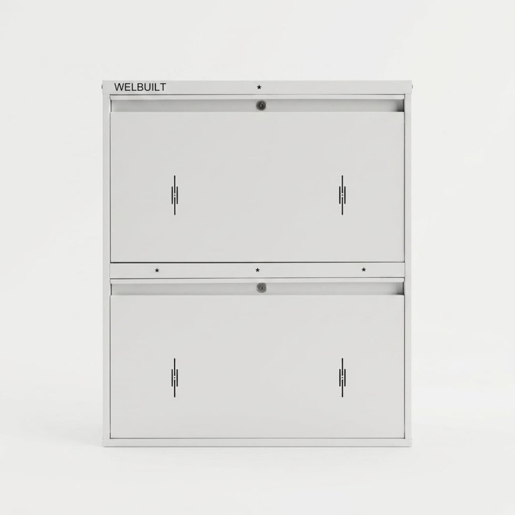 WELBUILT Double Decker Metal Shoe Rack for Home | Capacity-12 Pairs, 2 Door 4 Shelf | H-34, W-29, D-9" (inches)| Shoe Cabinet for Home with Lock | Wall Mount - DIY | 100% Powder Coated | Full White