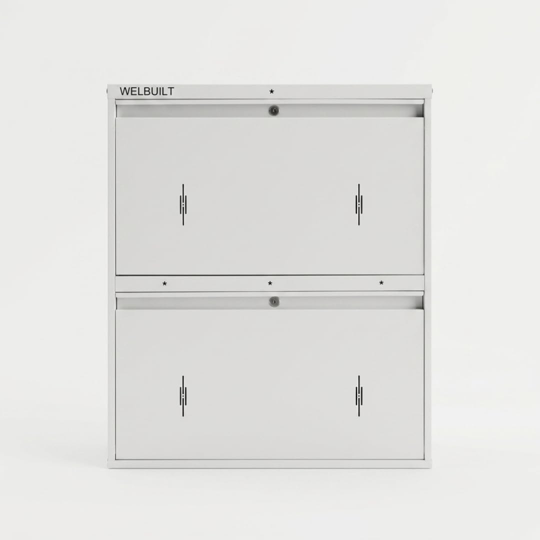 WELBUILT Double Decker Metal Shoe Rack for Home | Capacity-12 Pairs, 2 Door 4 Shelf | H-34, W-29, D-9" (inches)| Shoe Cabinet for Home with Lock | Wall Mount - DIY | 100% Powder Coated | Full White