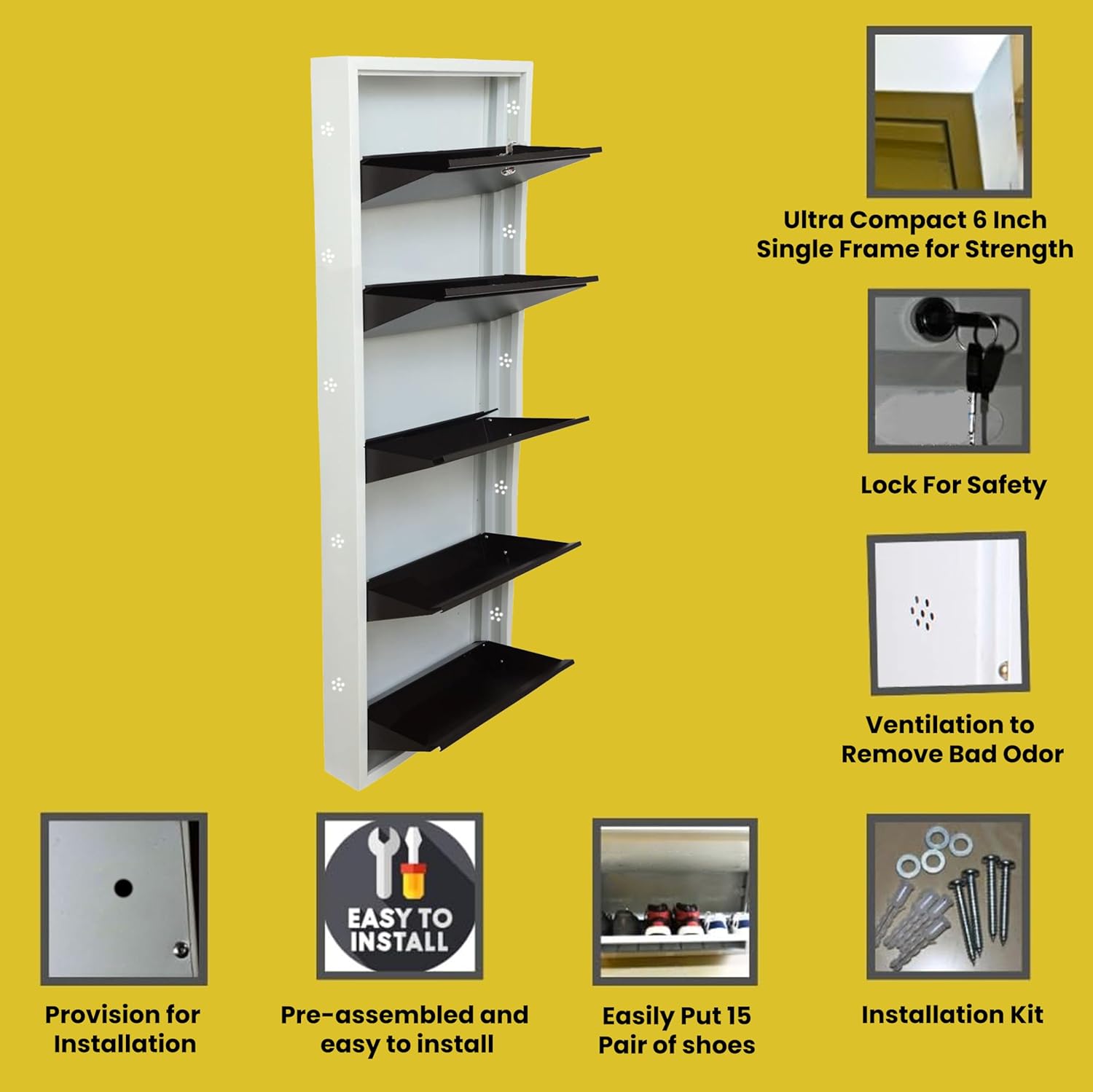26" Wall Mounted Metal Shoe Rack 5 Door | 15 Pairs Footwear | Shoe Chappal Stand Organizer with Lock