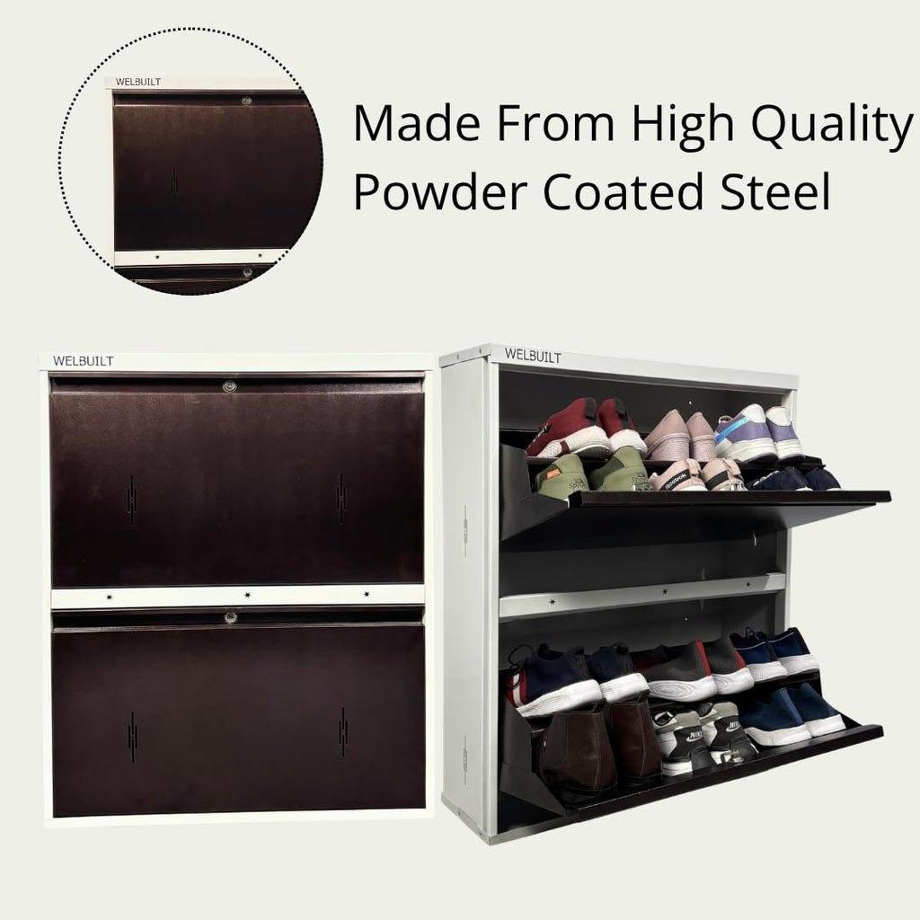 Double Decker Metal Shoe Rack for Home | Capacity-12 Pairs, 2 Door 4 Shelf | H-34, W-29, D-9" (inches)| Shoe Cabinet for Home with Lock | Wall Mount - DIY | 100% Powder Coated | White & Brown