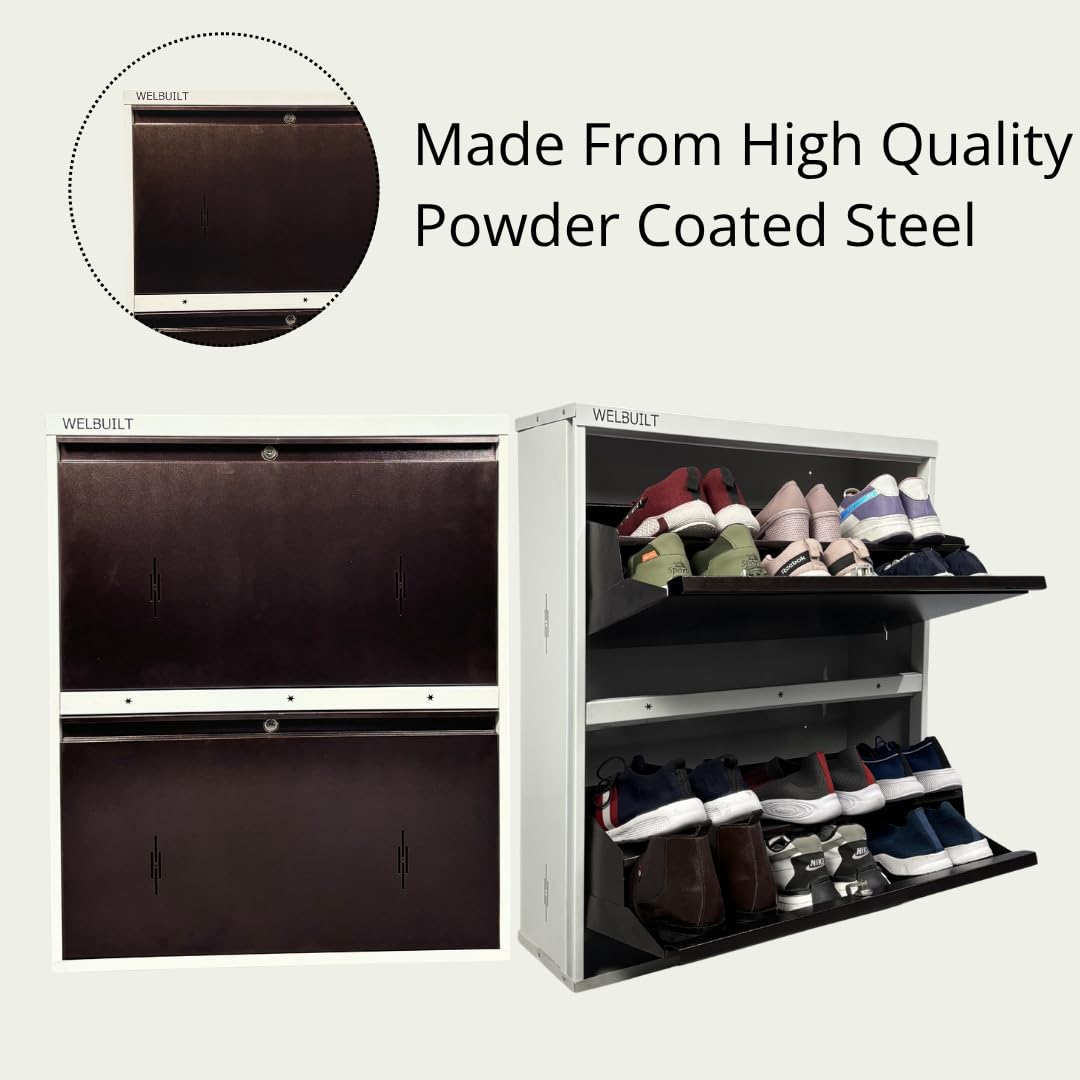 Double Decker Metal Shoe Rack for Home | Capacity-12 Pairs, 2 Door 4 Shelf | H-34, W-29, D-9" (inches)| Shoe Cabinet for Home with Lock | Wall Mount - DIY | 100% Powder Coated | White & Brown