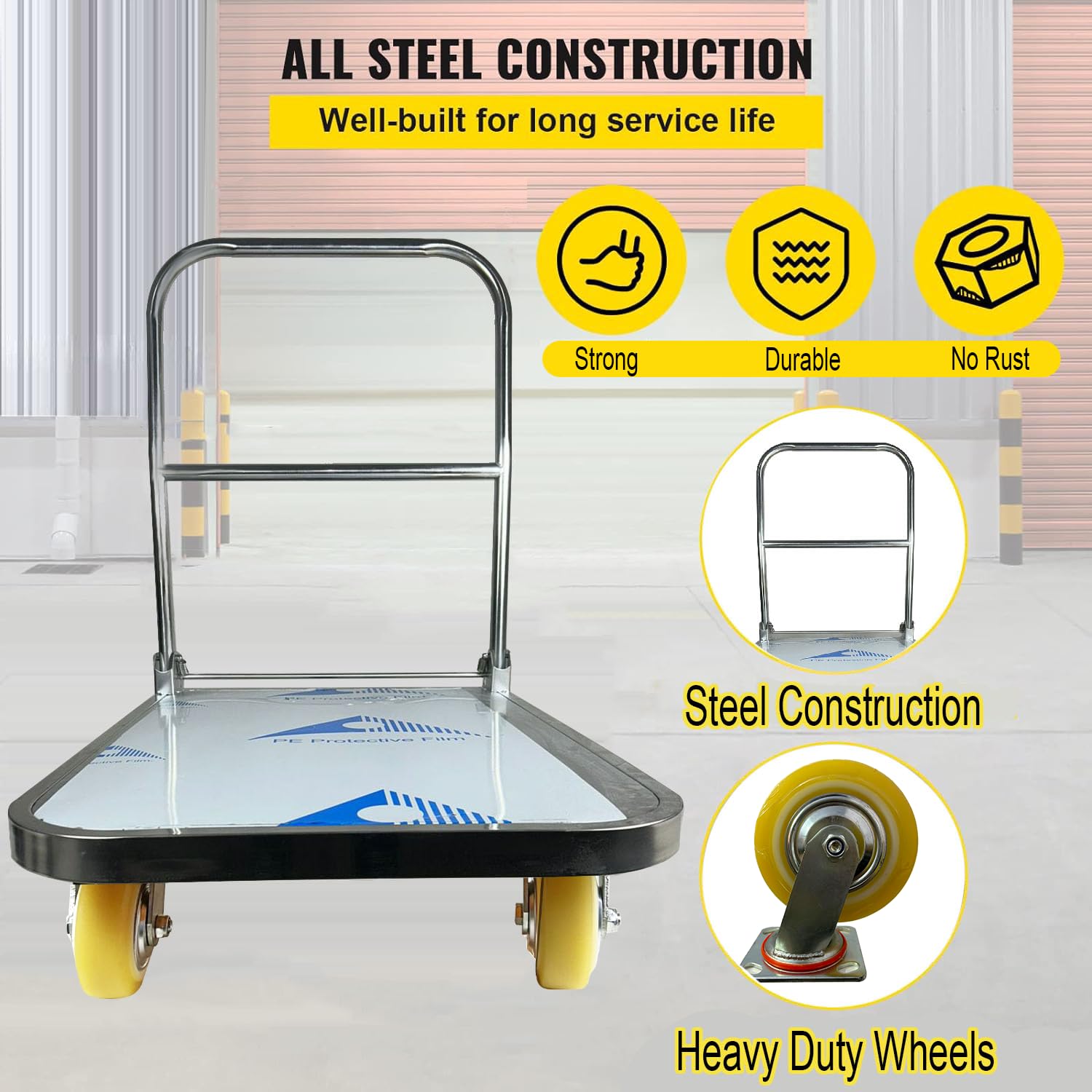 Welbuilt 1000 Kg Capacity SS304 Stainless Steel Foldable Platform Trolley for Lifting Heavy Weight with 360° Degree Swivel Wheels