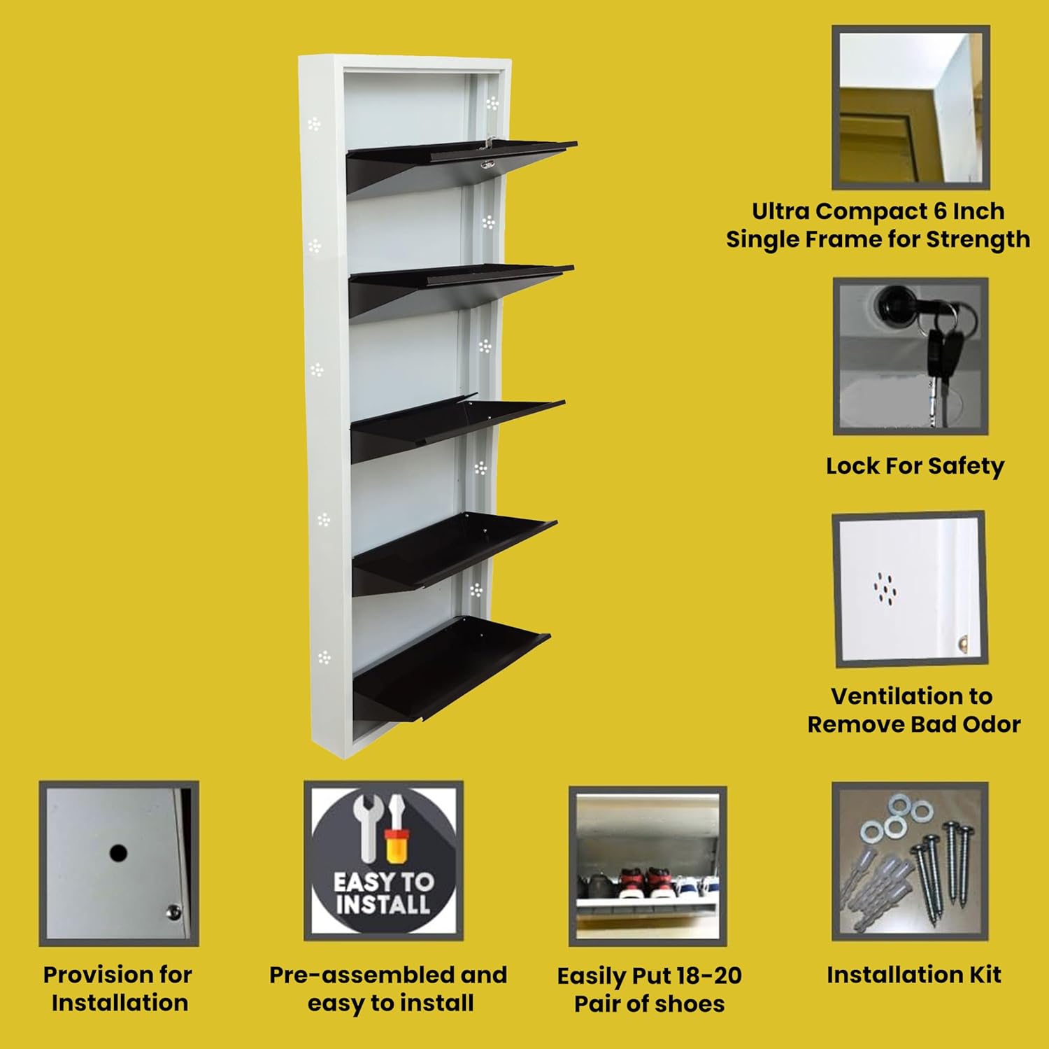 32" Wall Mounted Metal Shoe Rack 5 Door | 18-20 Pairs Footwear | Shoe Chappal Stand Organizer with Lock