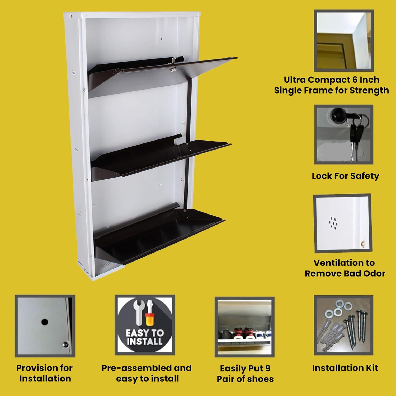 26" Wall Mounted Metal Shoe Rack 3 Door | 9 Pairs Footwear | Shoe Chappal Stand Organizer with Lock