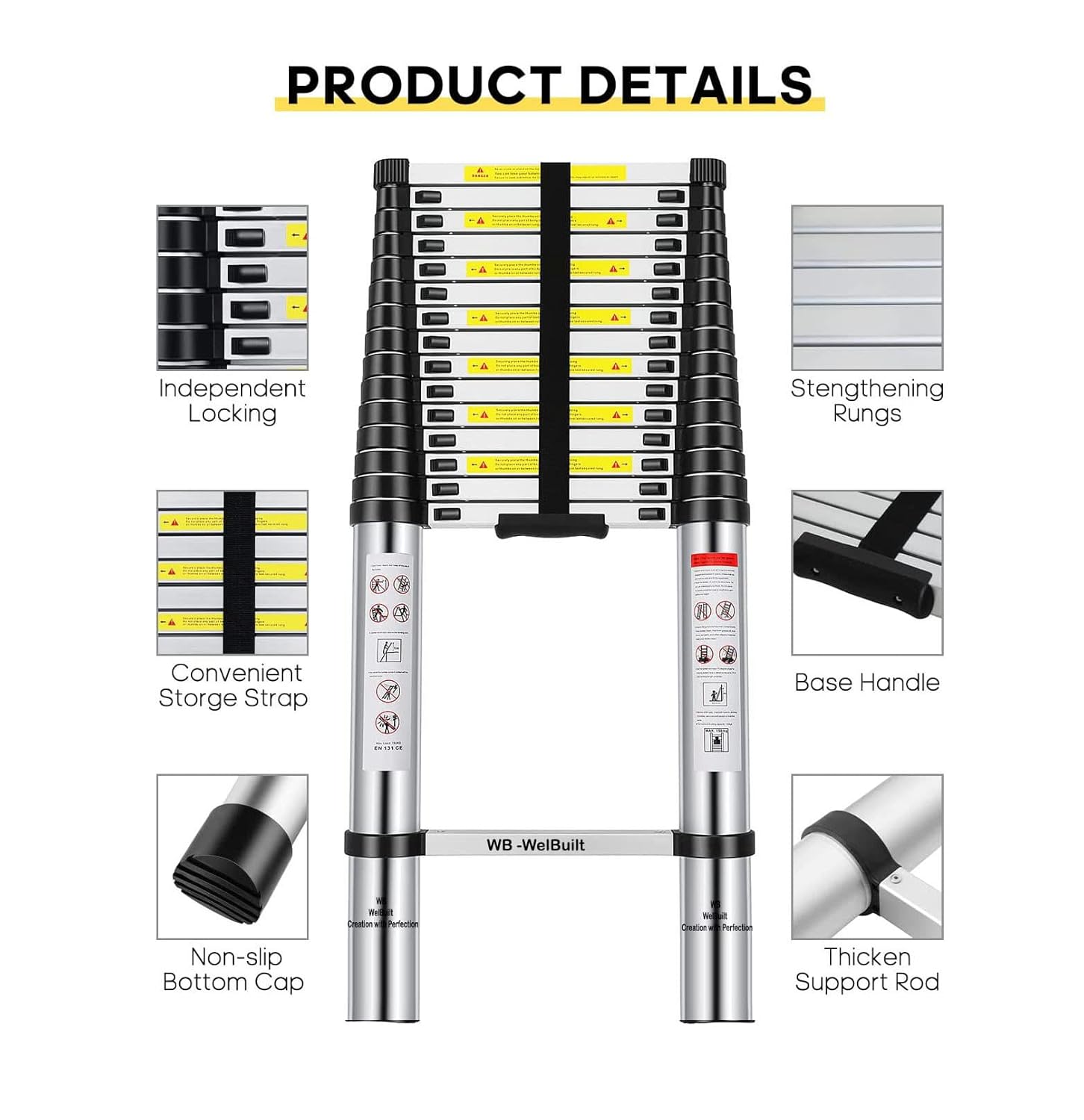 Aluminium Telescopic Ladder | En131 Certified Foldable Multipurpose Step Ladder for Home & Outdoor Use (20.5 Feet)-Ladders-Welbuilt Products-Aman Overseas