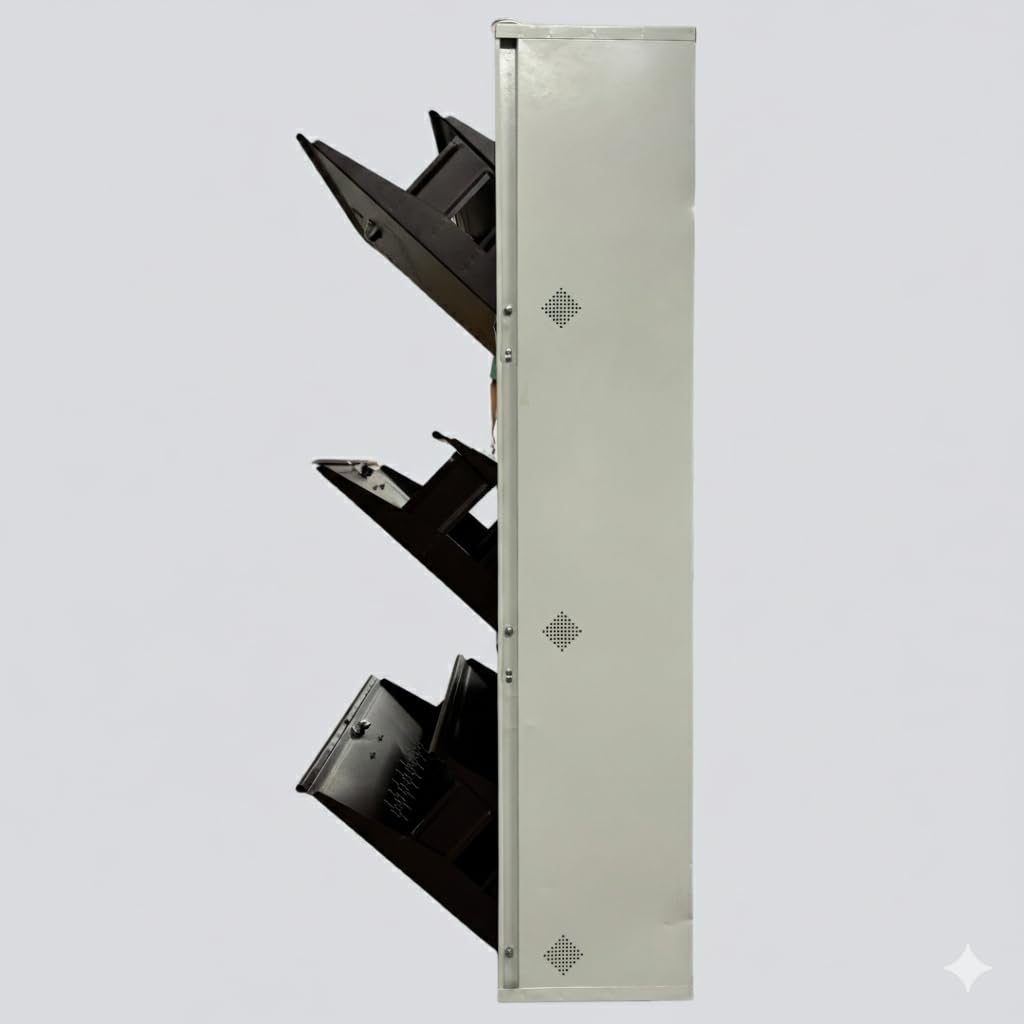 Metal Shoe Rack 18 Pairs Capacity | H-52'' W-26'' D-9.5'' |Wall Mounted Powder Coated 3 Door 6 Shelves Double Decker (White & Brown)