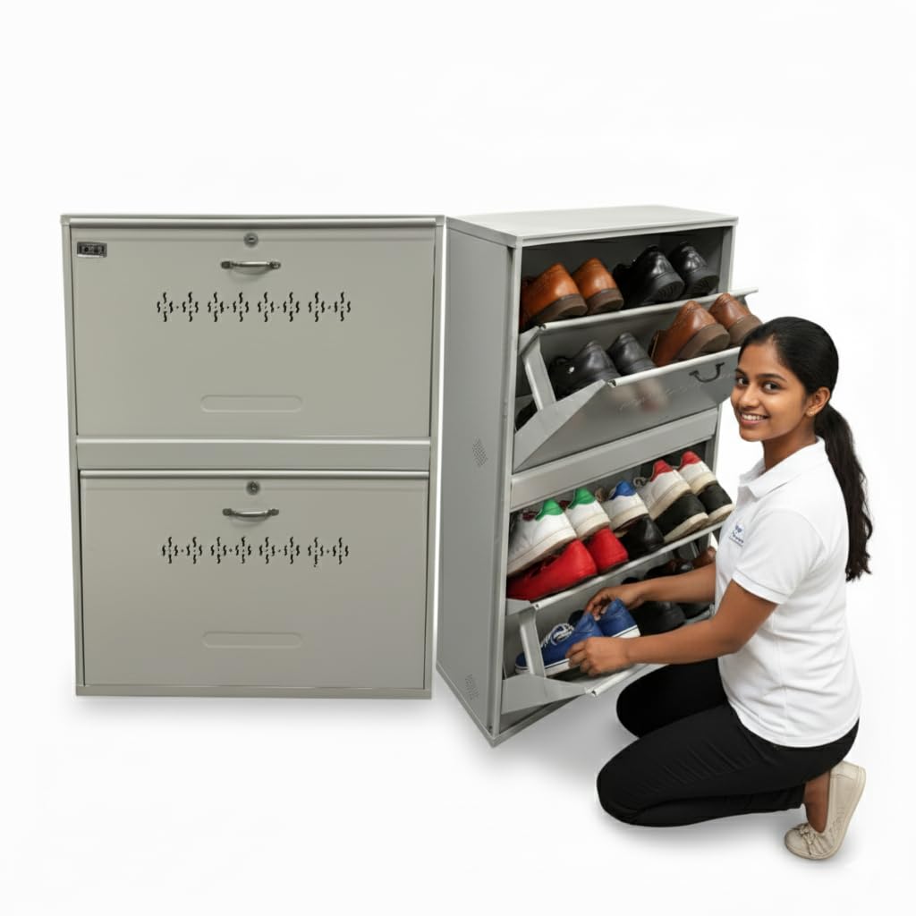 Welbuilt Metal Wall Mounted Shoe Rack | 12 Pairs | Double Decker 2 Door 4 Shelf | Powder Coated with Lock | White
