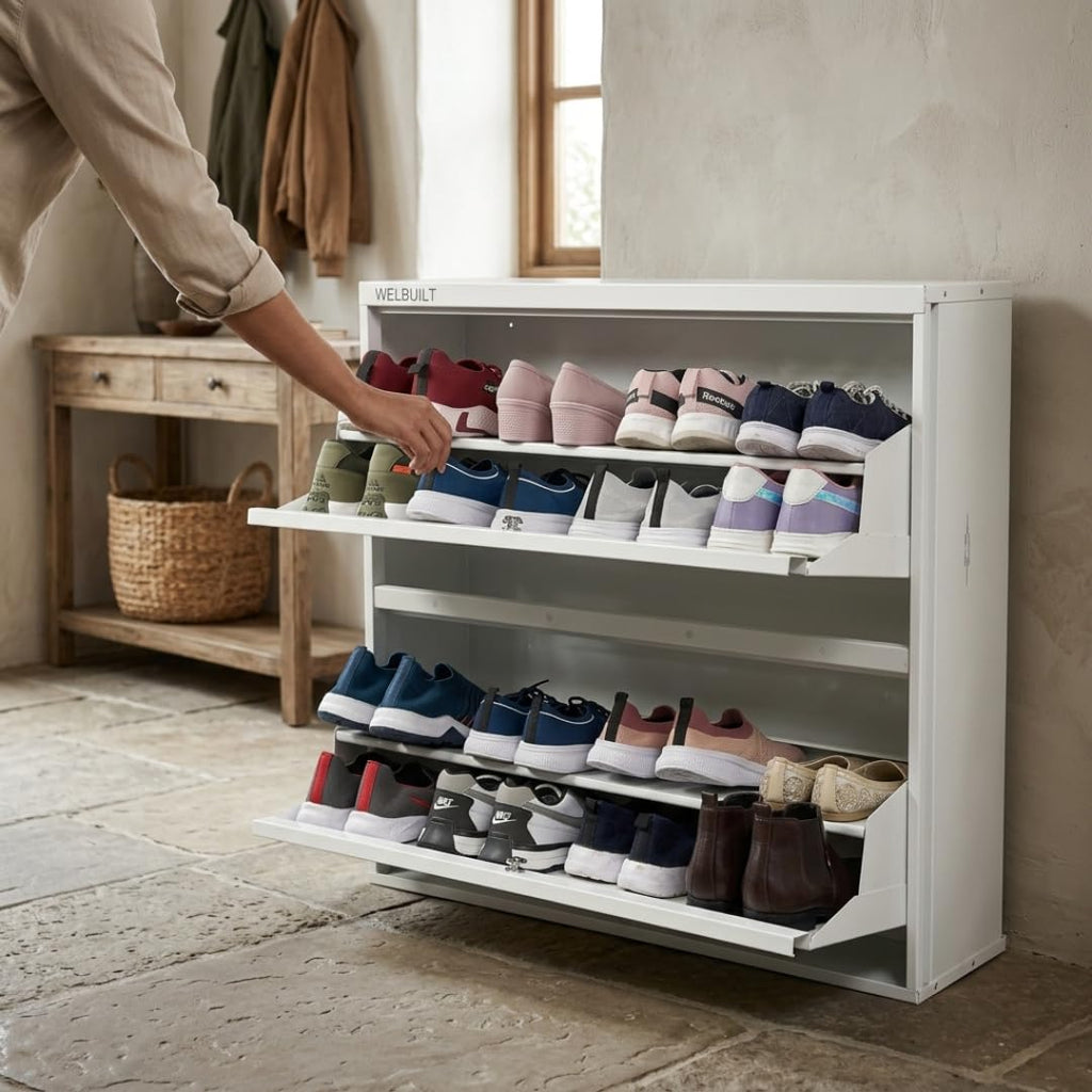 WELBUILT Double Decker Metal Shoe Rack | Capacity-16 Pairs, 2 Door 4 Shelf | H-34, W-35, D-9.5" (inches)| Shoe Cabinet for Home with Lock | Wall Mount - DIY | 100% Powder Coated | Full White