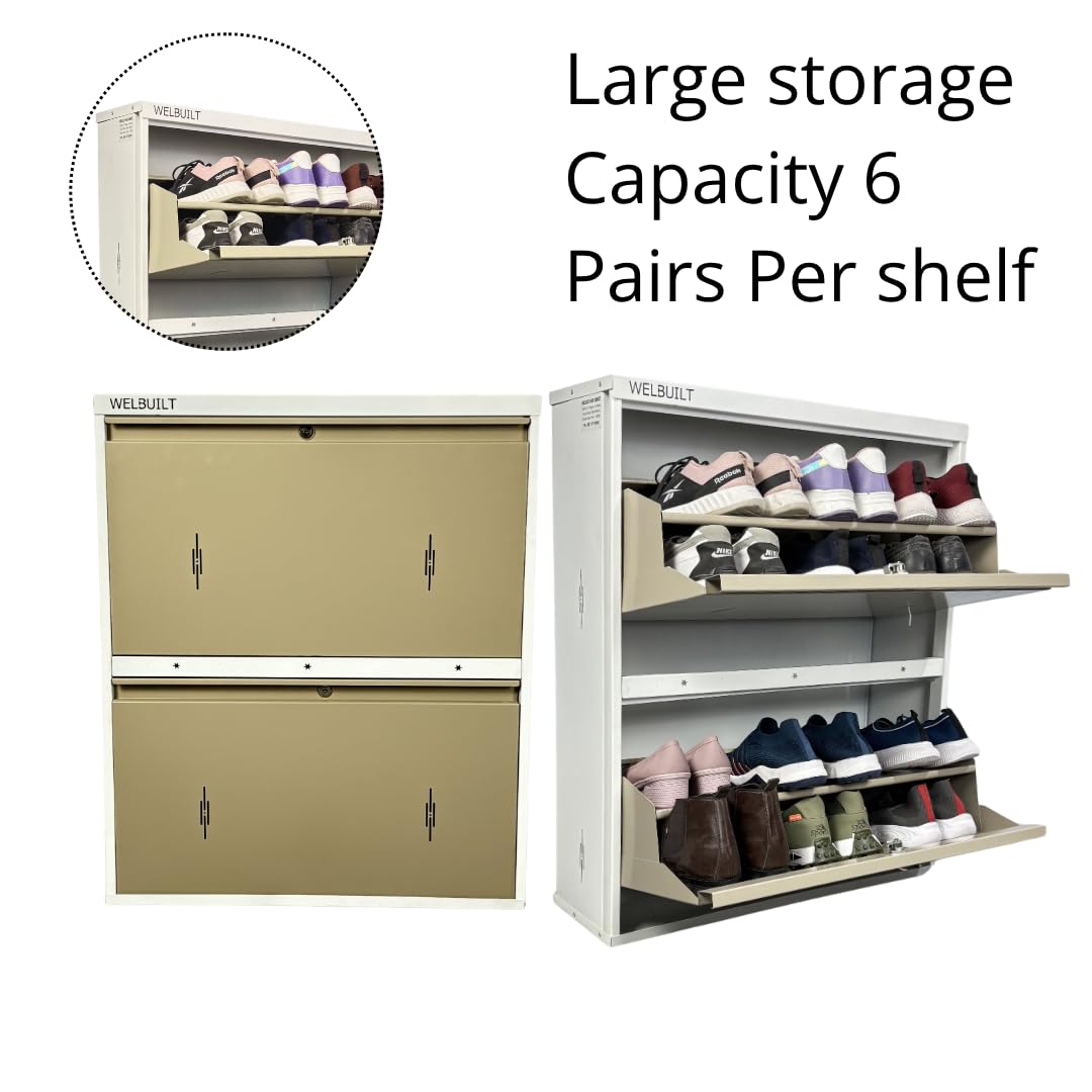 Double Decker Metal Shoe Rack for Home | Capacity-12 Pairs, 2 Door 4 Shelf | H-34, W-29, D-9" (inches)| Shoe Cabinet for Home with Lock | Wall Mount - DIY | 100% Powder Coated | White & Biscuits