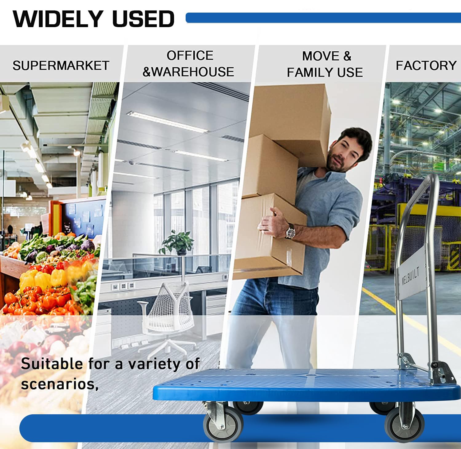 Welbuilt 300kg Capacity Plastic Foldable Platform Trolley for Heavy Weight/Material Handling Goods Trolley for Home, Office, Warehouse & Industries
