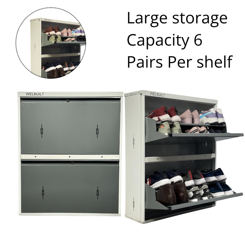WELBUILT Double Decker Metal Shoe Rack for Home | Capacity-12 Pairs, 2 Door 4 Shelf | H-34, W-29, D-9" (inches)| Shoe Cabinet for Home with Lock | Wall Mount - DIY | 100% Powder Coated | White & Grey
