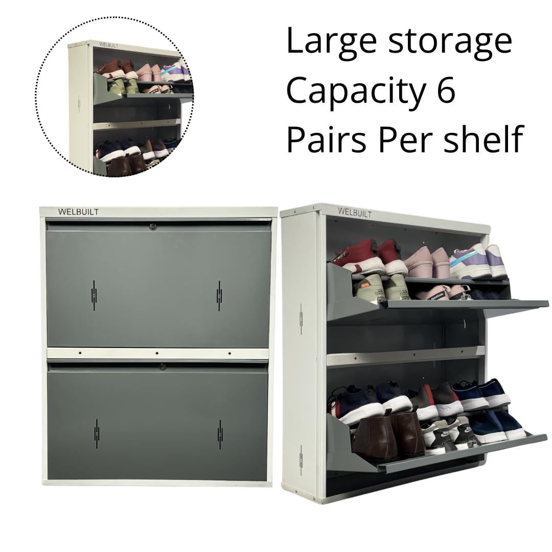WELBUILT Double Decker Metal Shoe Rack for Home | Capacity-12 Pairs, 2 Door 4 Shelf | H-34, W-29, D-9" (inches)| Shoe Cabinet for Home with Lock | Wall Mount - DIY | 100% Powder Coated | White & Grey