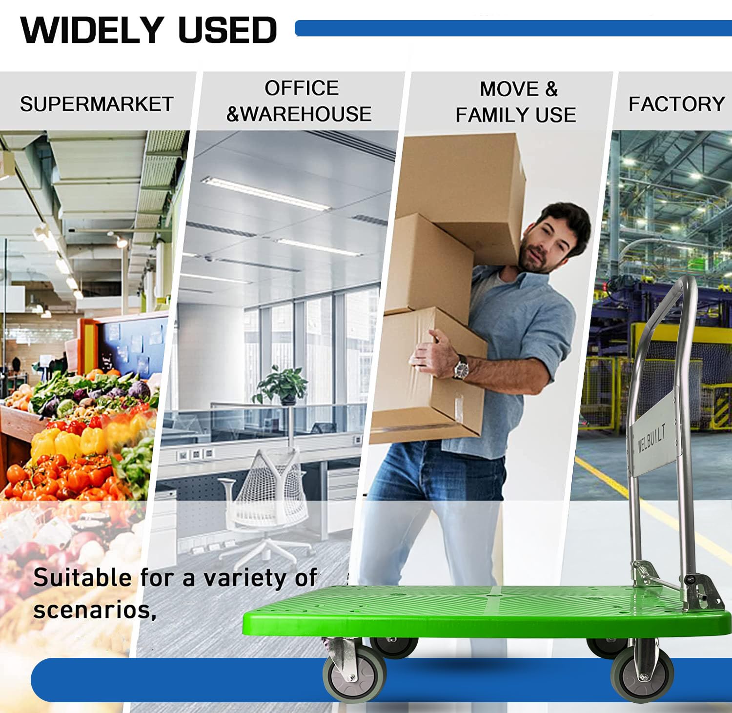 Welbuilt 300kg Capacity Plastic Foldable Platform Trolley for Heavy Weight/Material Handling Goods Trolley for Home, Office, Warehouse & Industries