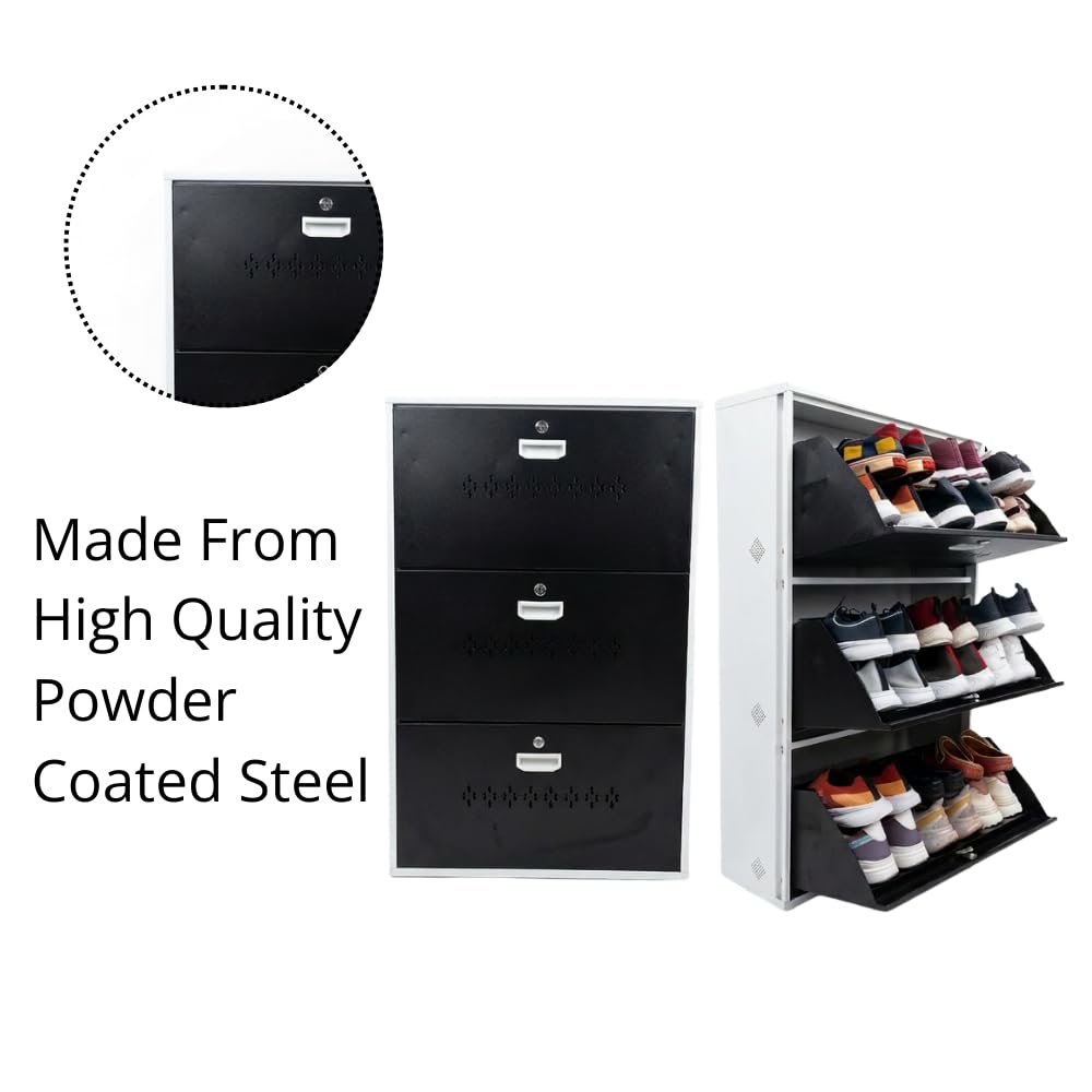 Metal Shoe Rack 18 Pairs Capacity | H-41'' W-26'' D-9.5'' |Wall Mounted Powder Coated 3 Door 6 Shelves Double Decker (White/Brown)