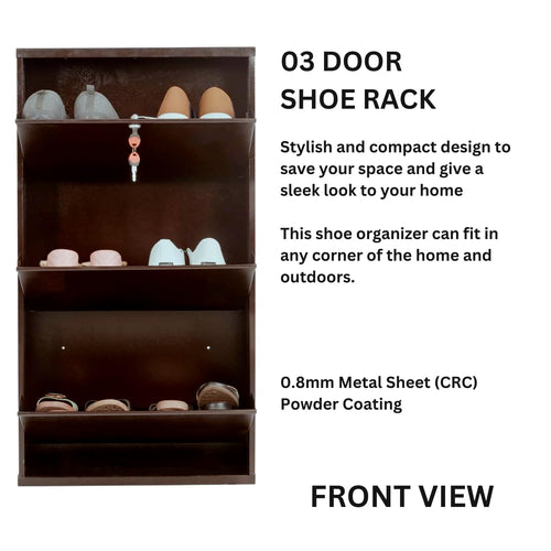 32" Wall Mounted Metal Shoe Rack 3 Door | 10-12 Pairs Footwear | Shoe Chappal Stand Organizer with Lock
